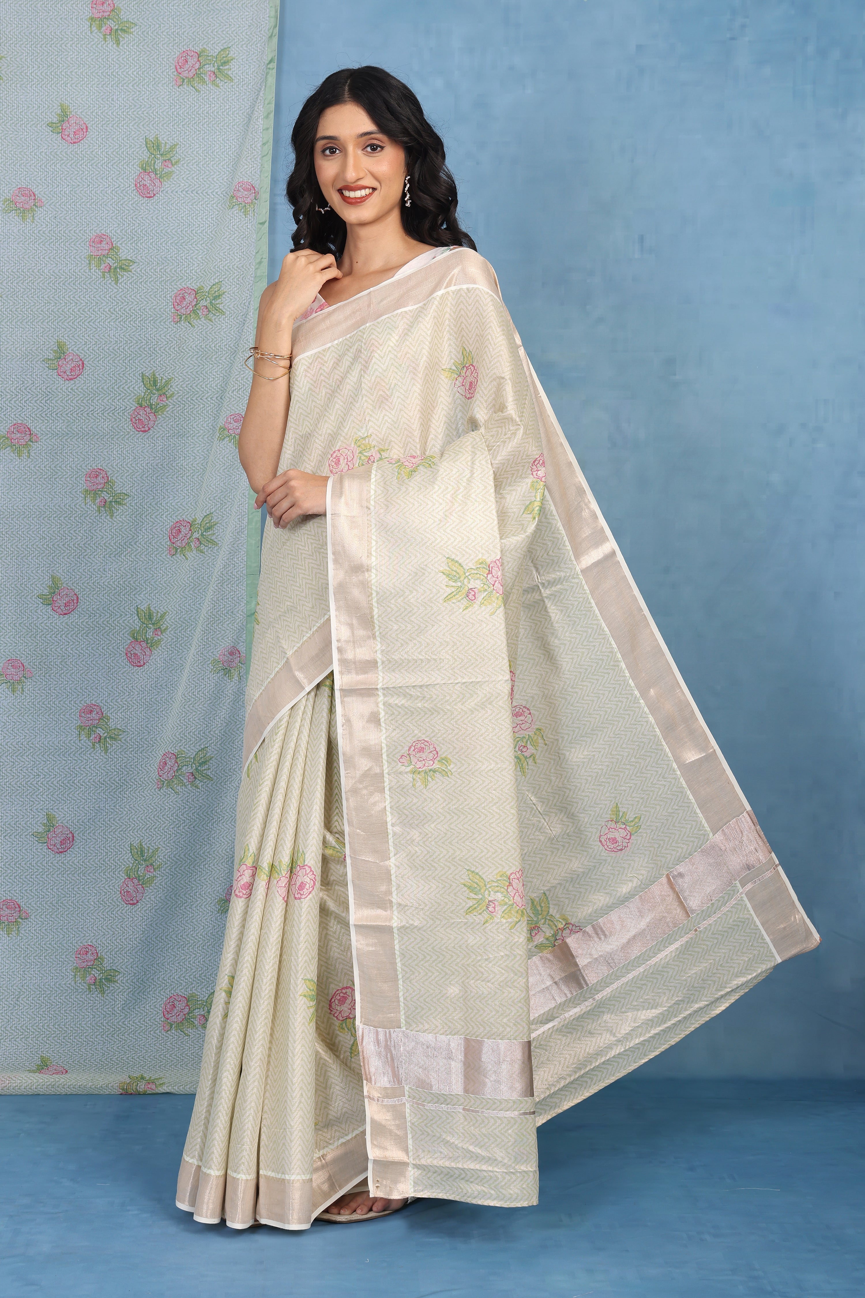 Forest On Sand Beige And Pale Rose  Cotton Silk Saree