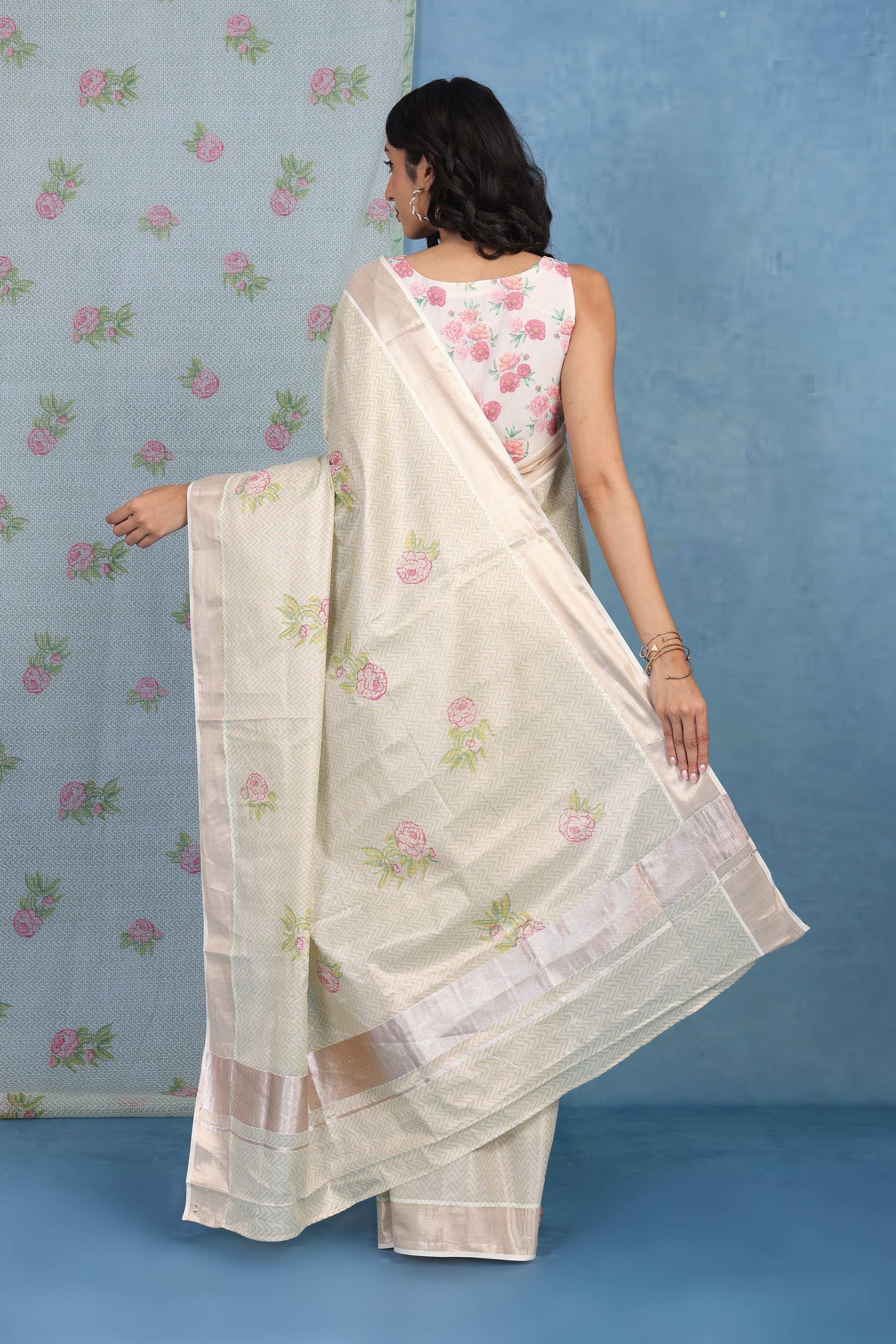 Forest On Sand Beige And Pale Rose  Cotton Silk Saree