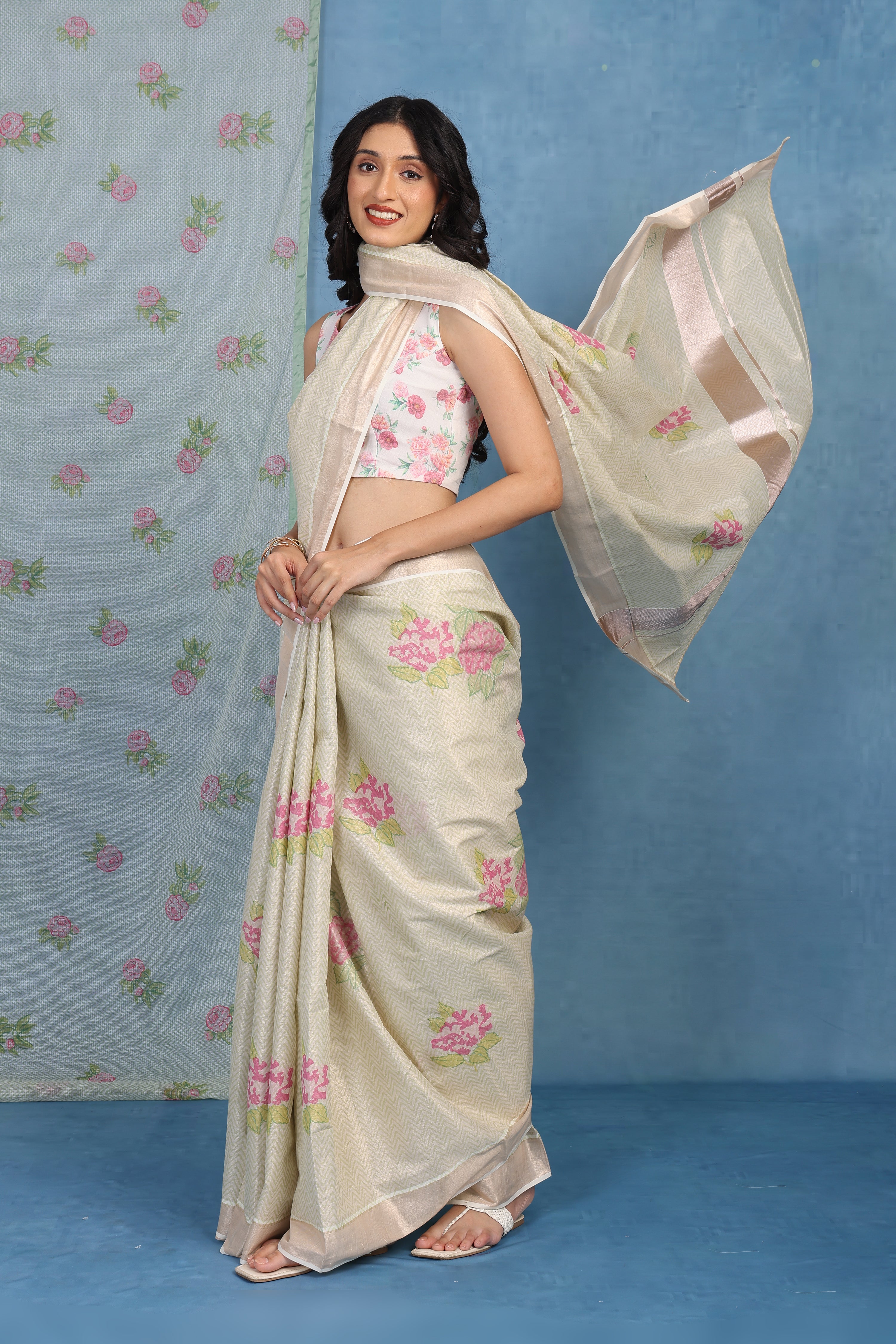 Forest On Sand Beige And Pink  Cotton Silk Saree