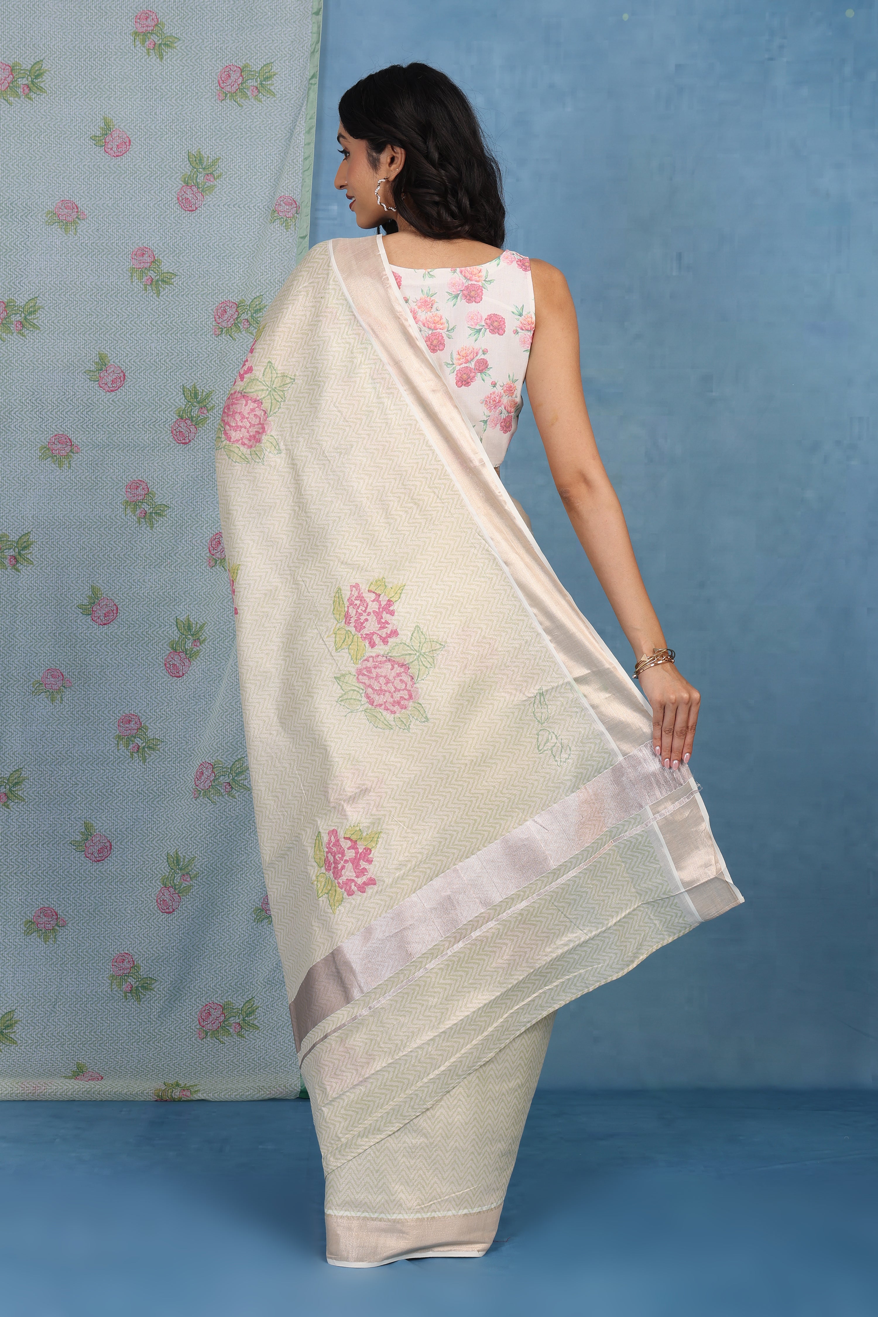 Forest On Sand Beige And Pink  Cotton Silk Saree