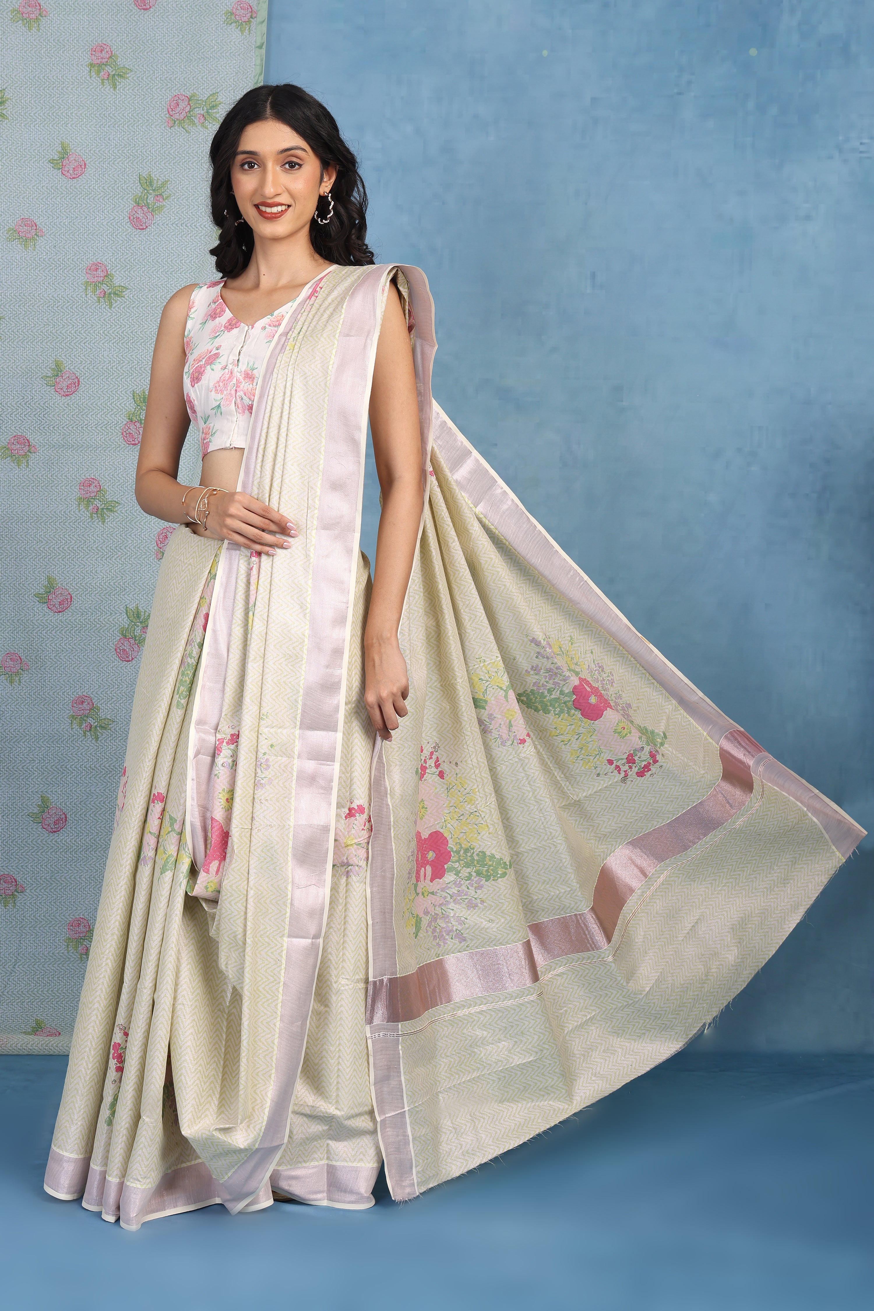 Forest On Sand Beige And Multicolored Cotton Silk Saree