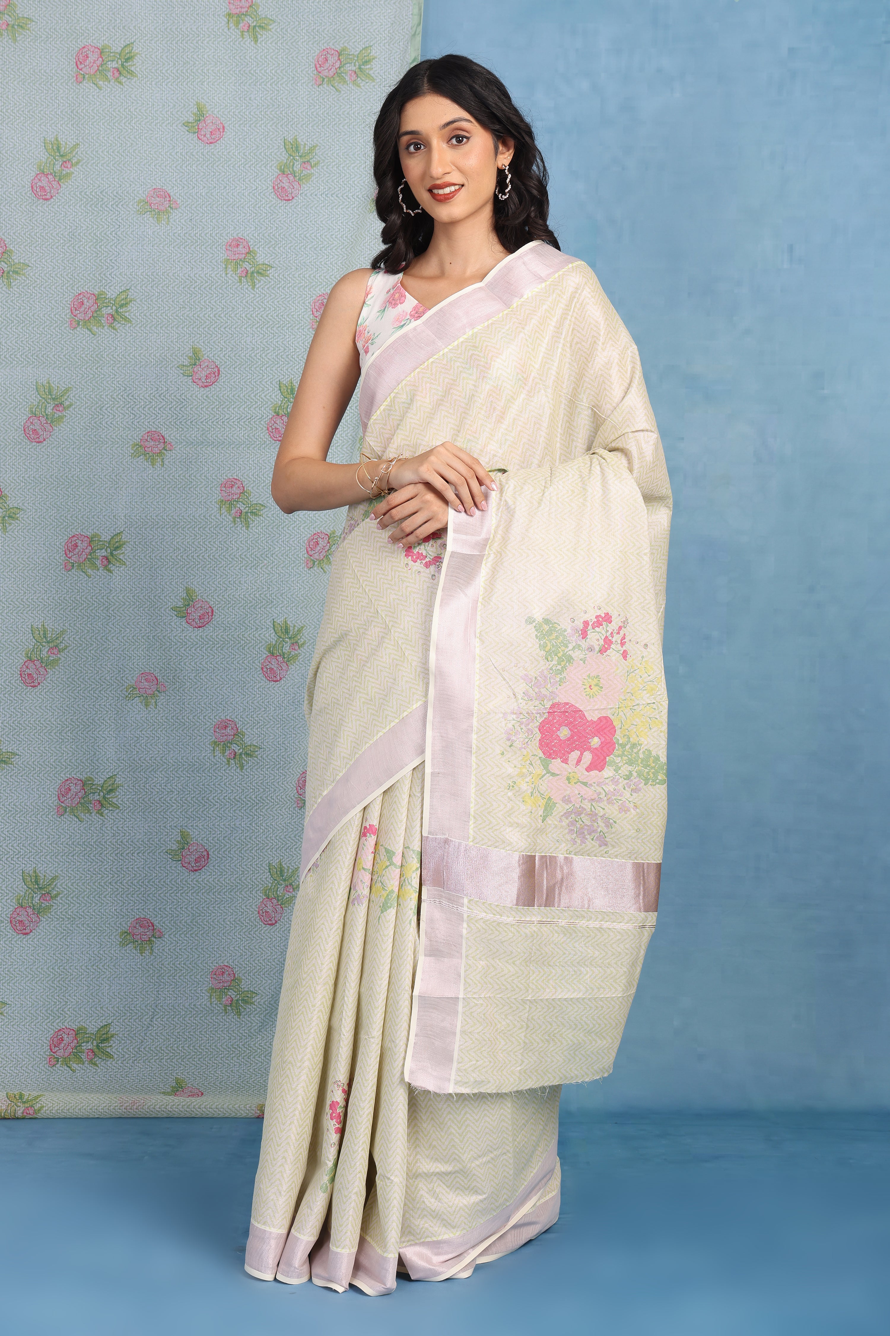 Forest On Sand Beige And Multicolored Cotton Silk Saree