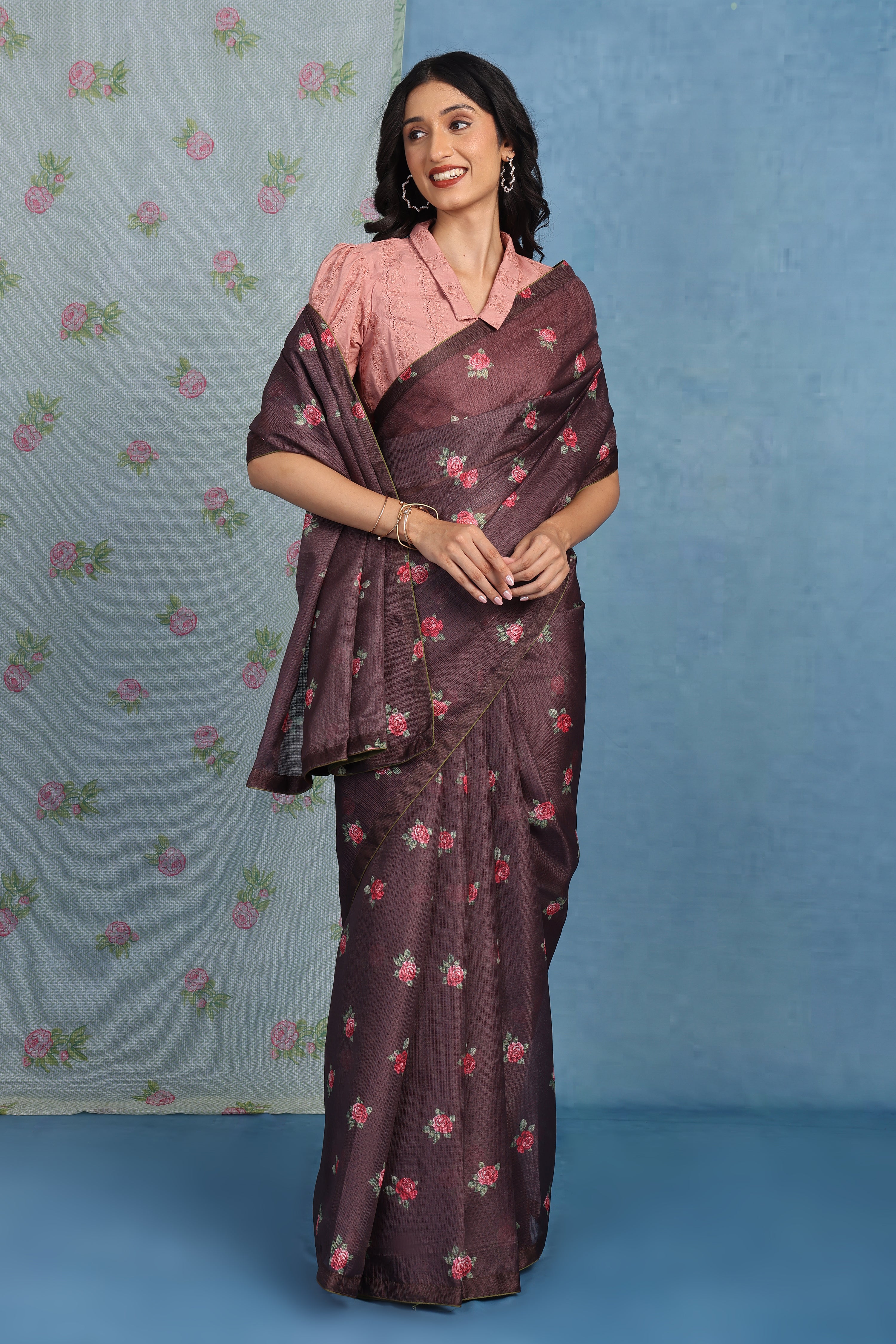 English  Rose Garden - Roasted Cocoa Kota Saree