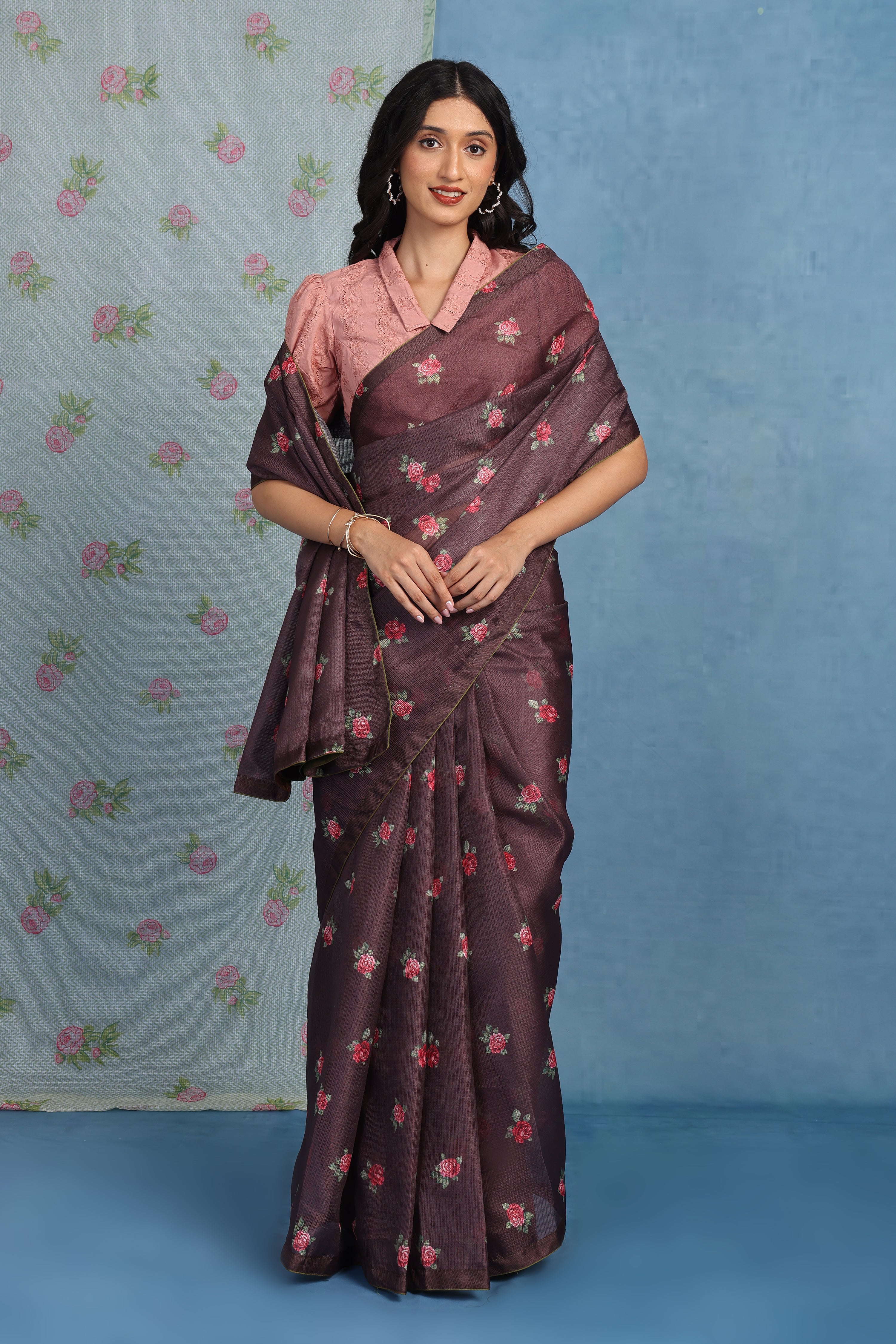 English  Rose Garden - Roasted Cocoa Kota Saree