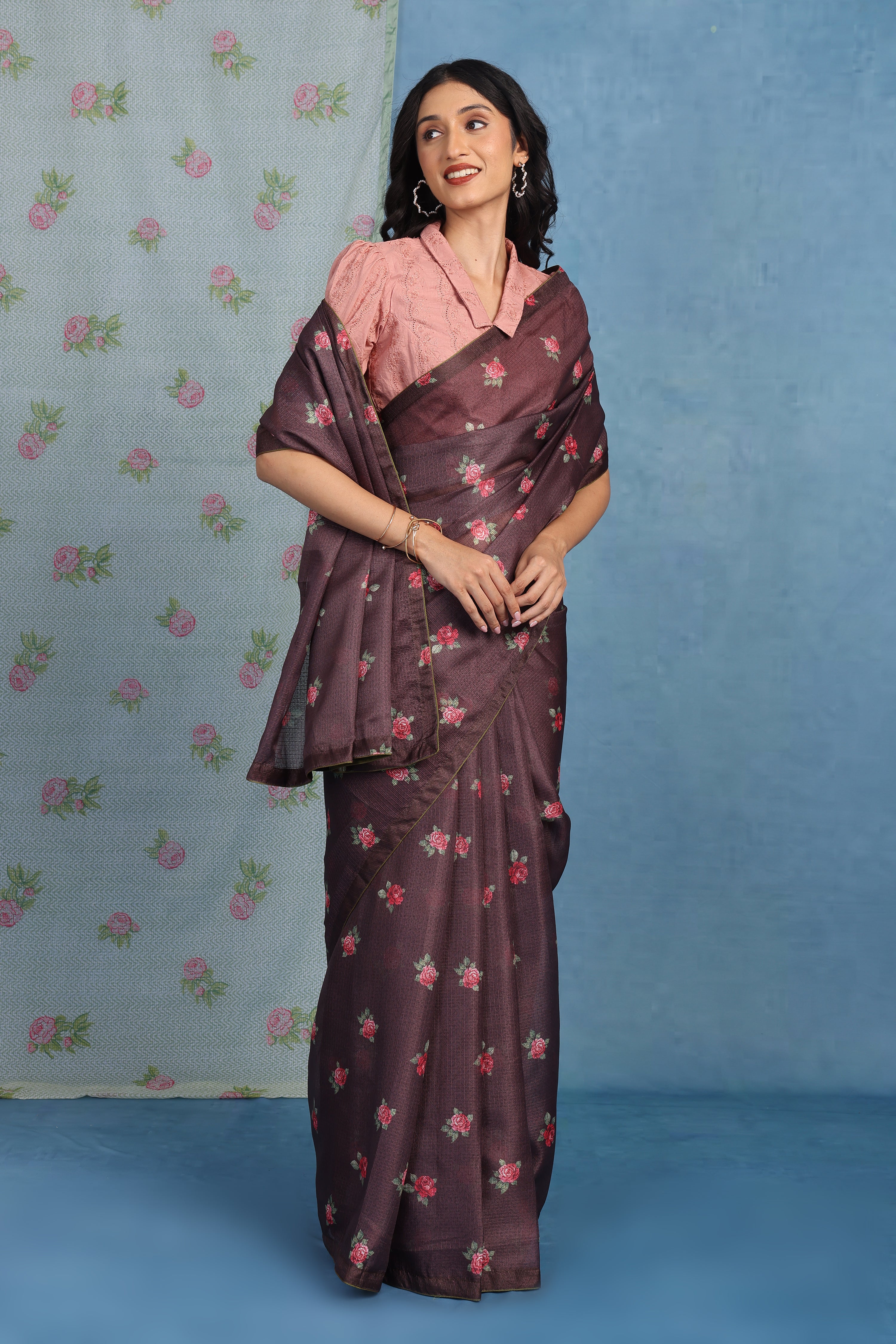 English  Rose Garden - Roasted Cocoa Kota Saree