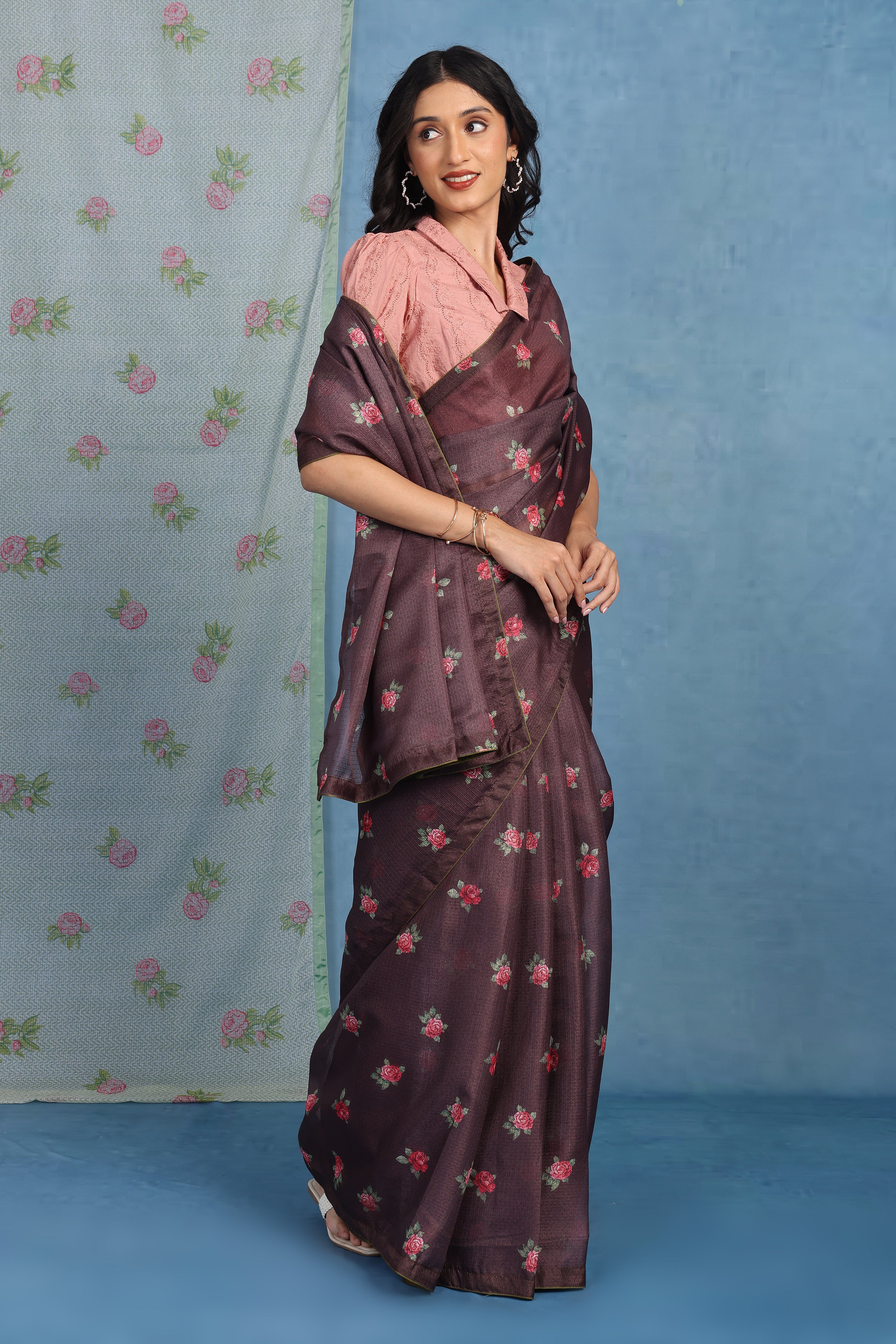 English  Rose Garden - Roasted Cocoa Kota Saree