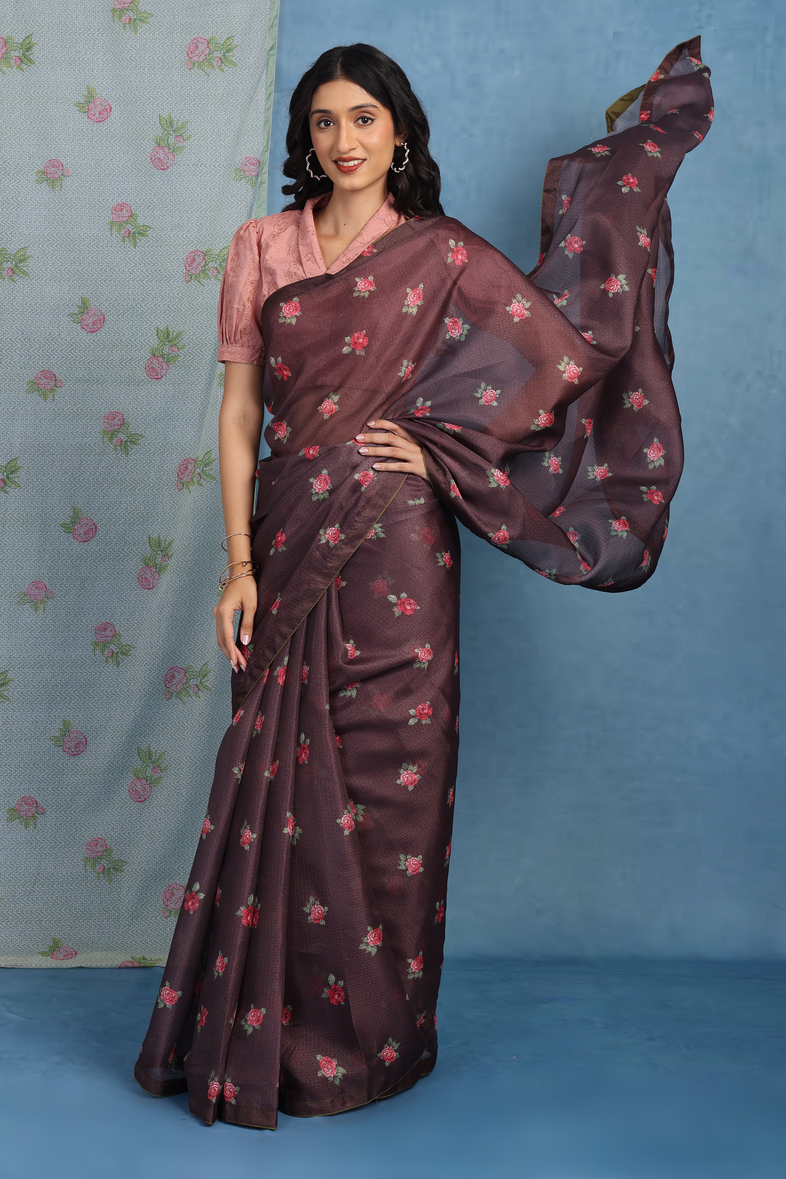 English  Rose Garden - Roasted Cocoa Kota Saree