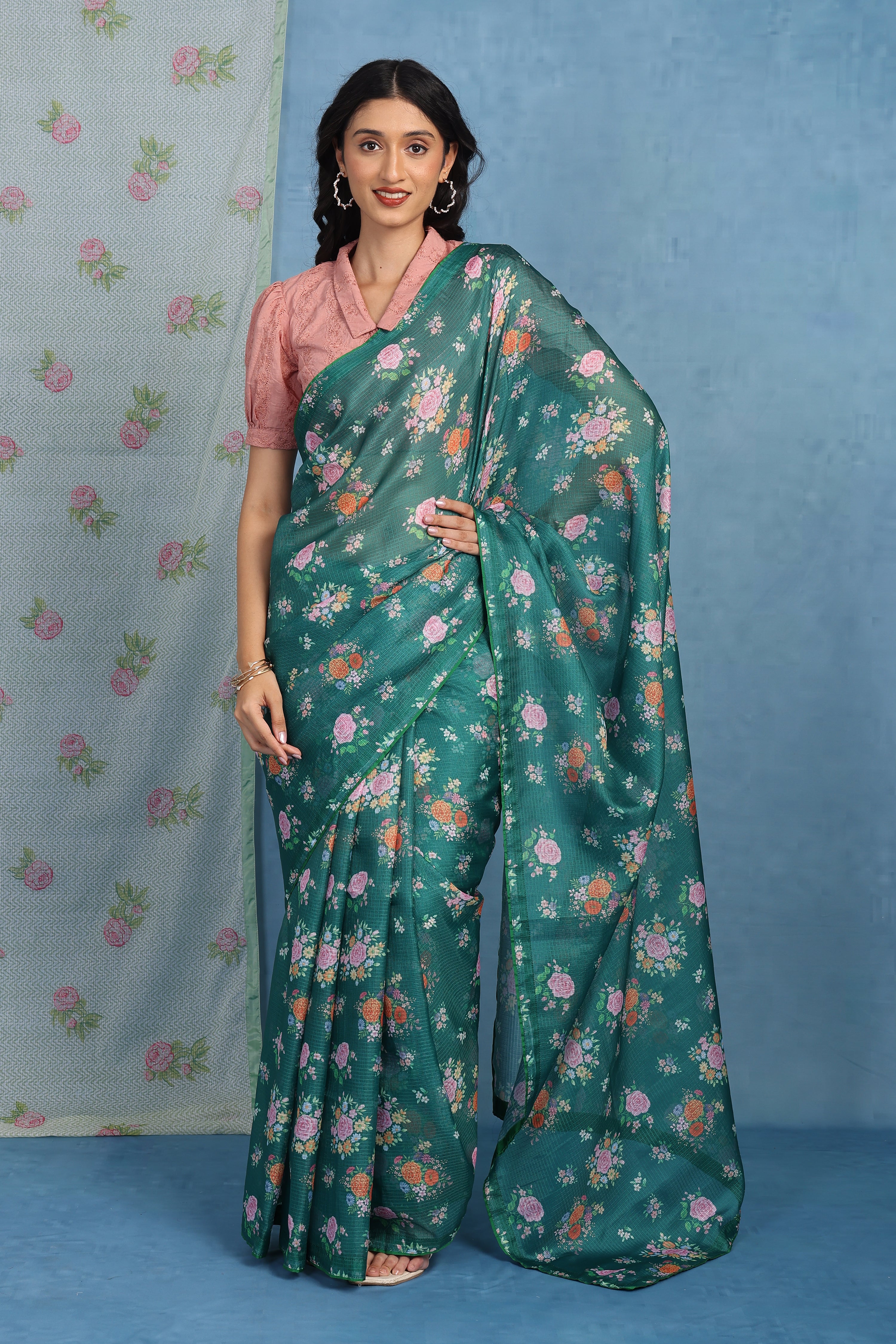 English Rose Garden - Willow Green  Kota Saree