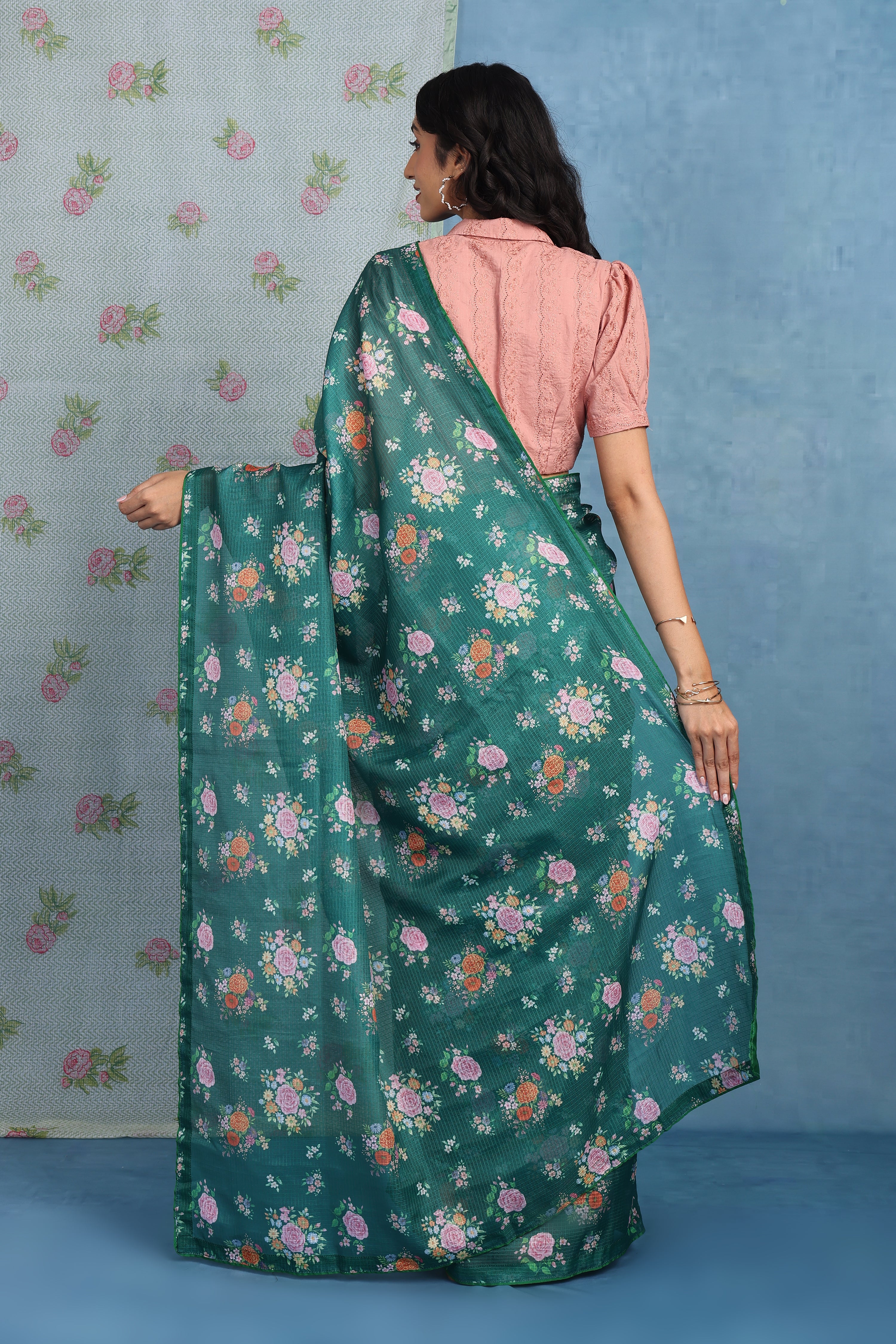 English Rose Garden - Willow Green  Kota Saree