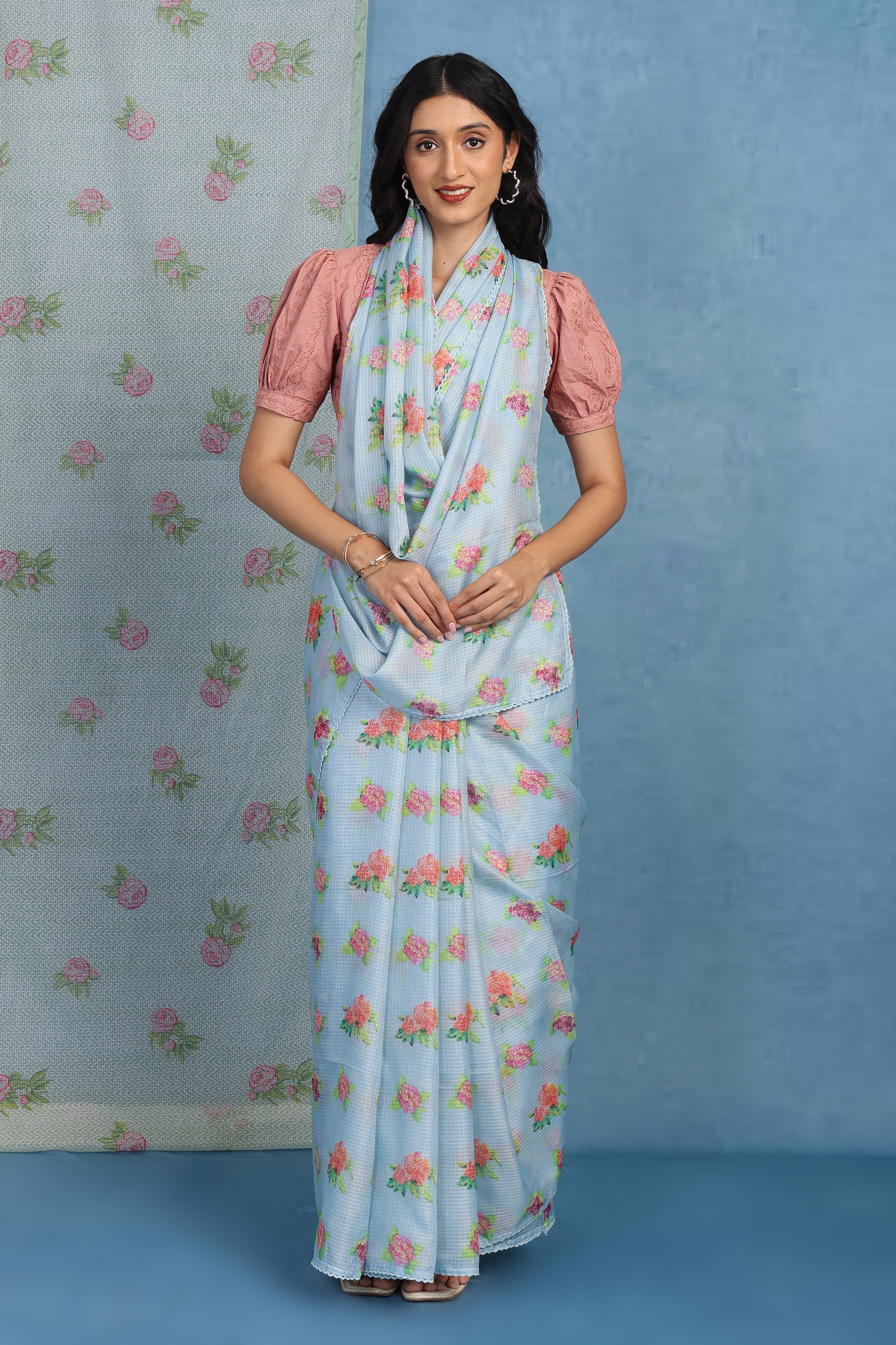 English Rose Garden- Sea Breeze Blue  Kota Saree