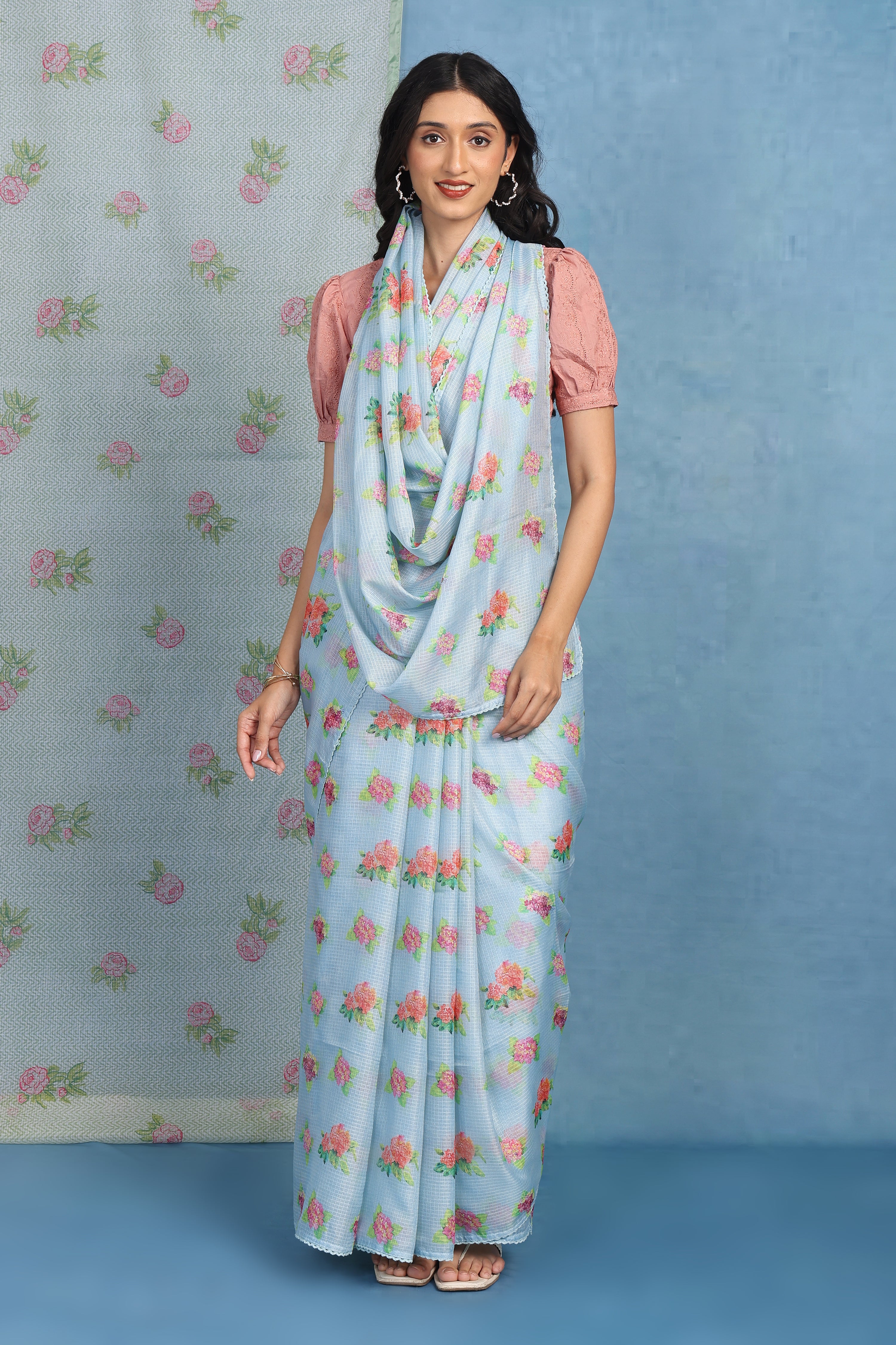 English Rose Garden- Sea Breeze Blue  Kota Saree