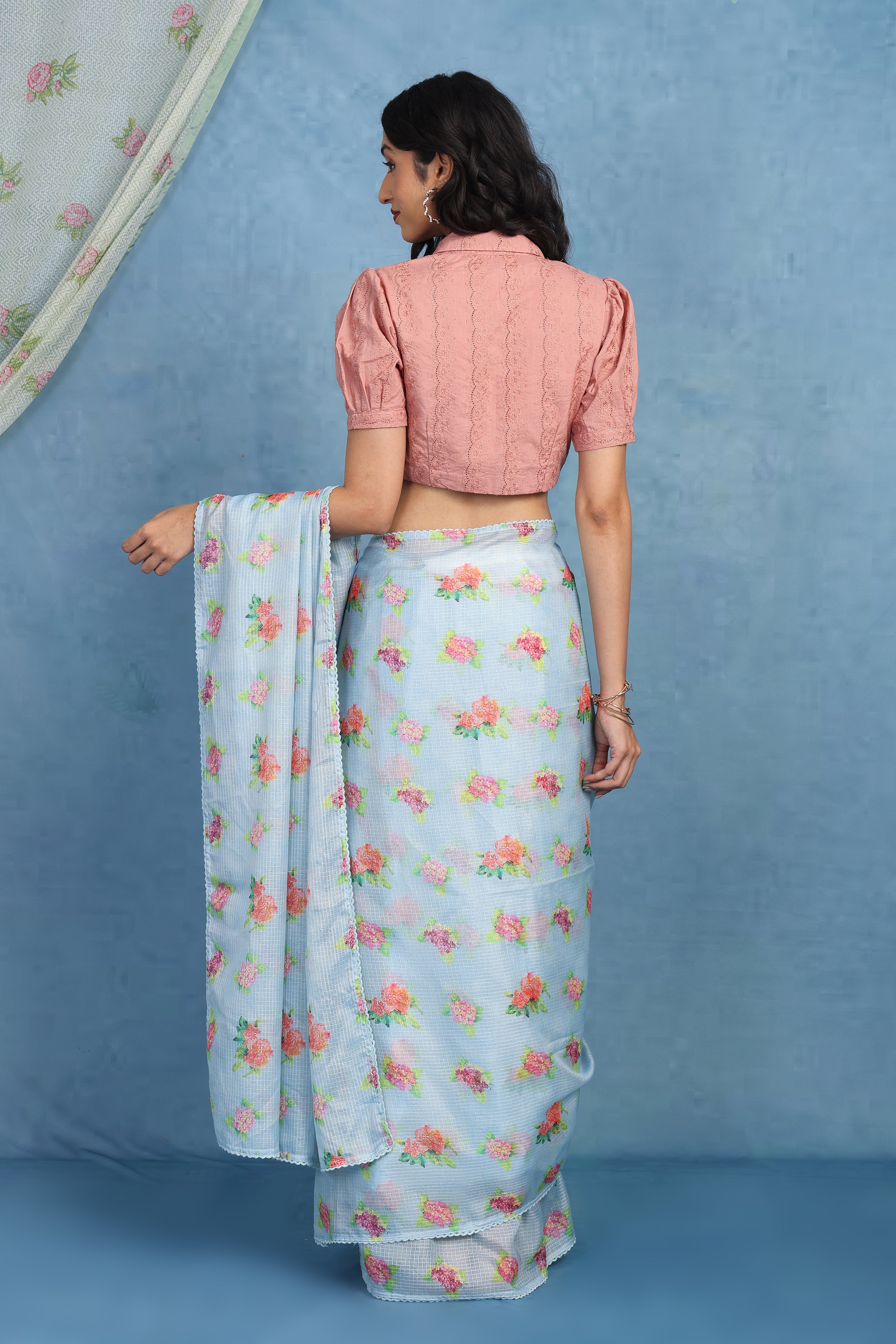 English Rose Garden- Sea Breeze Blue  Kota Saree