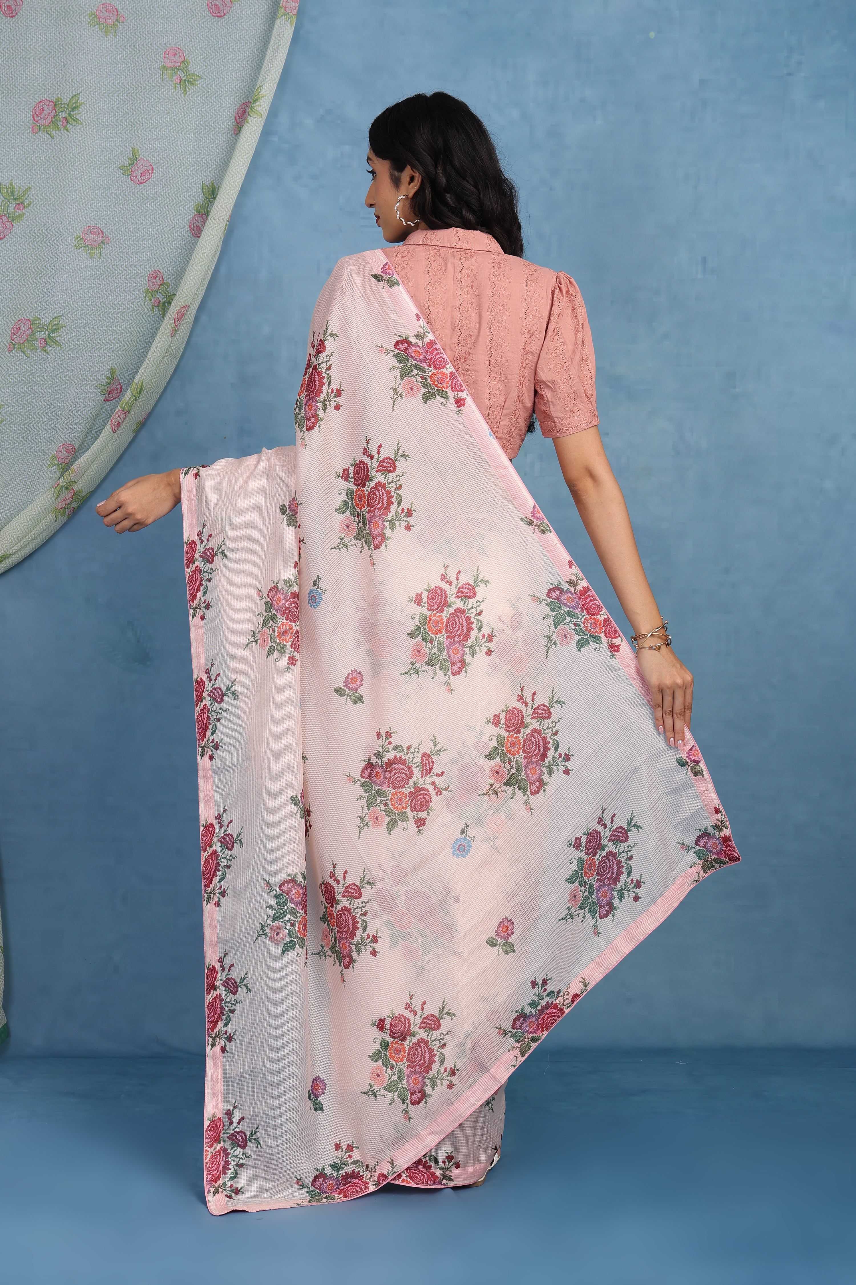 English Rose  In  Rainwashed Garden -  Kota Saree