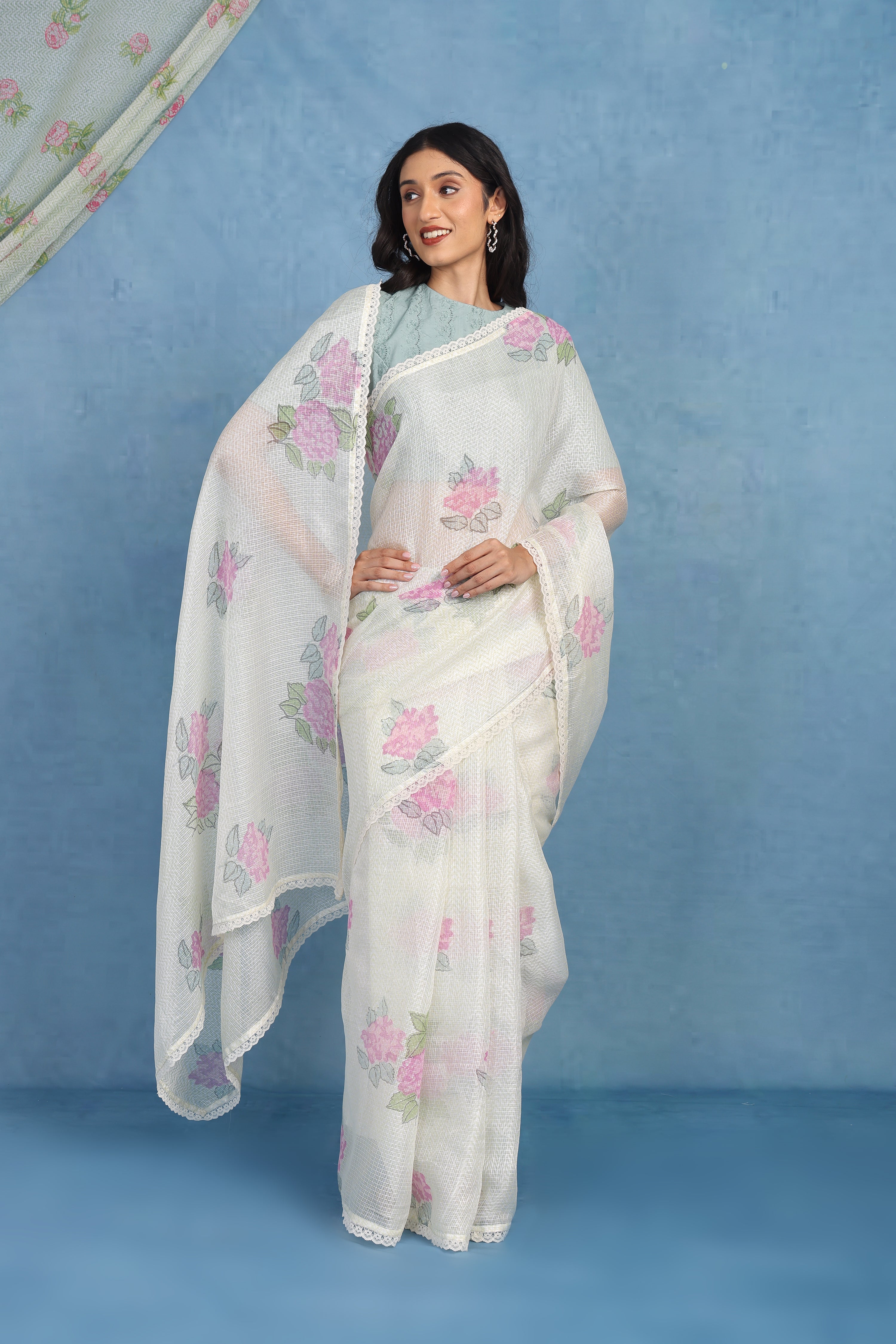 Ethereal Dreamy Hydrangea In Offwhite & Mint  Kota Saree