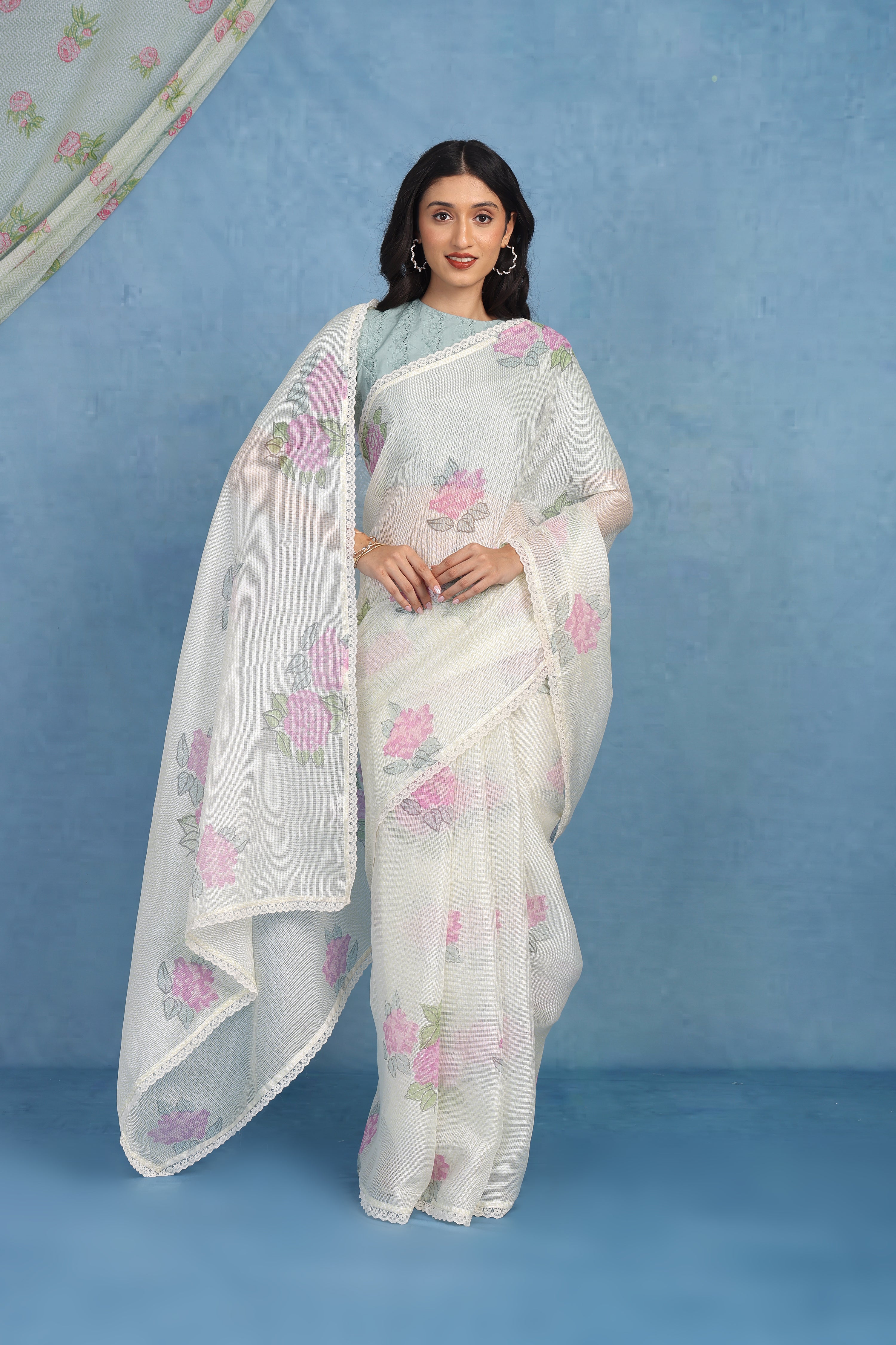 Ethereal Dreamy Hydrangea In Offwhite & Mint  Kota Saree