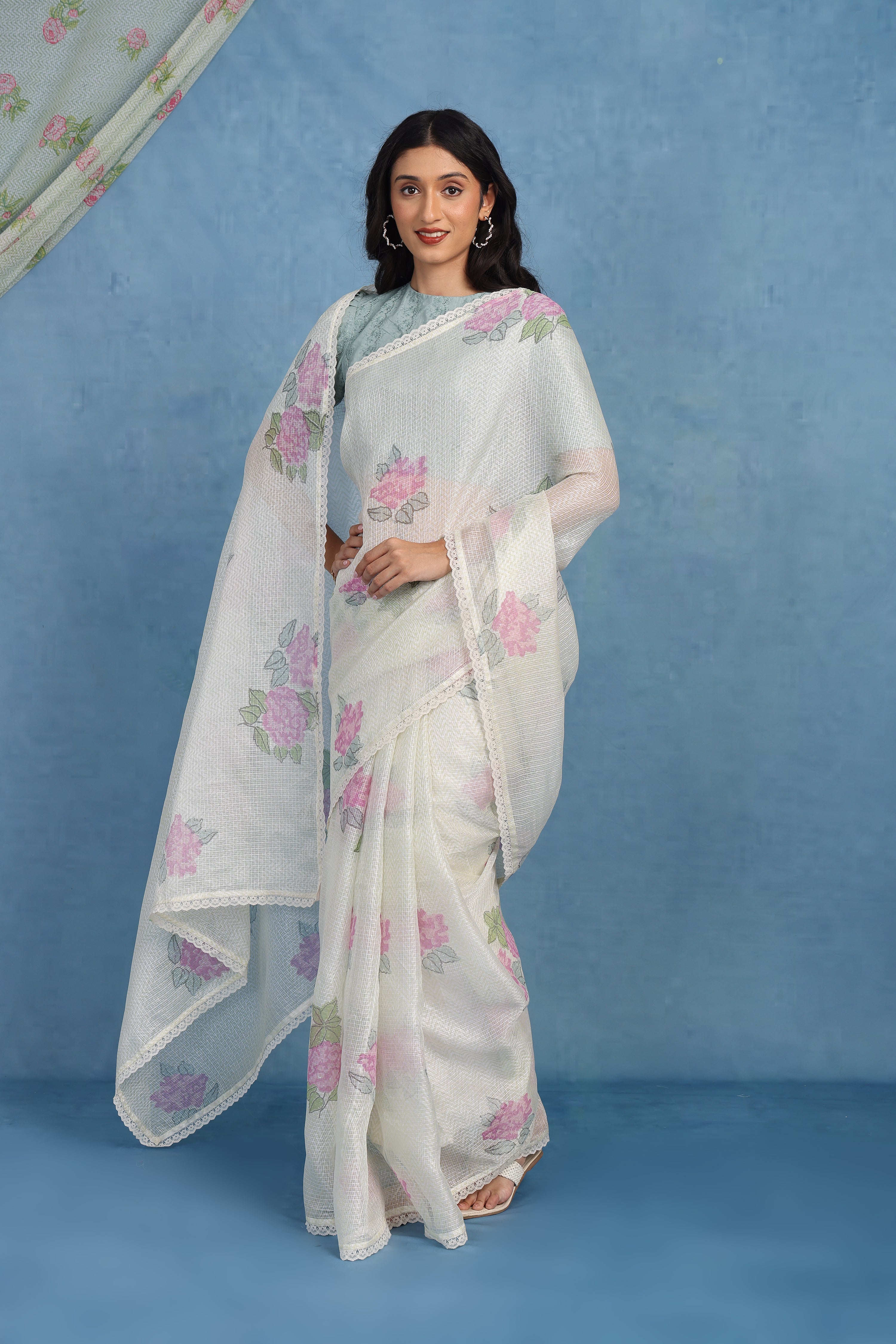 Ethereal Dreamy Hydrangea In Offwhite & Mint  Kota Saree