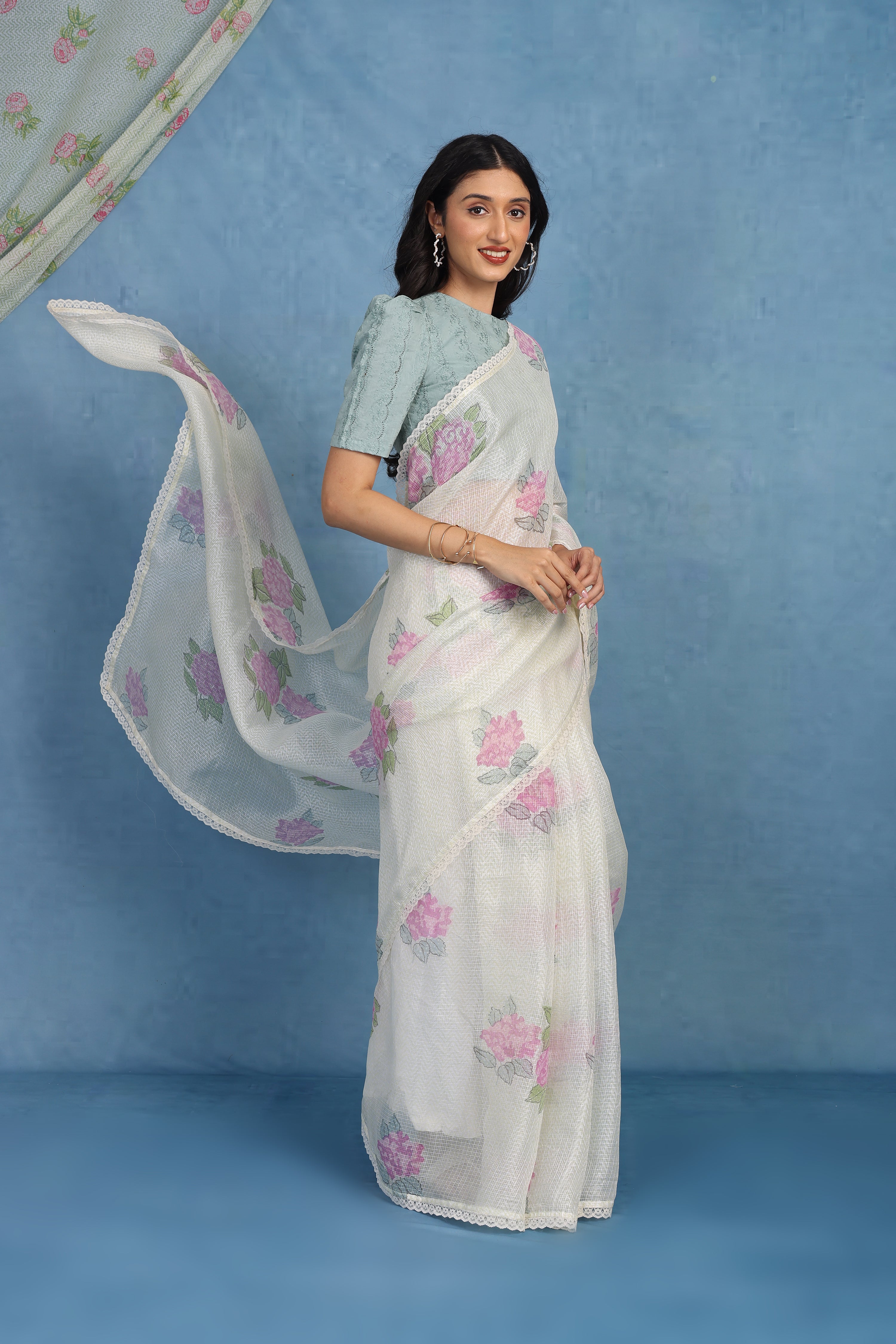 Ethereal Dreamy Hydrangea In Offwhite & Mint  Kota Saree