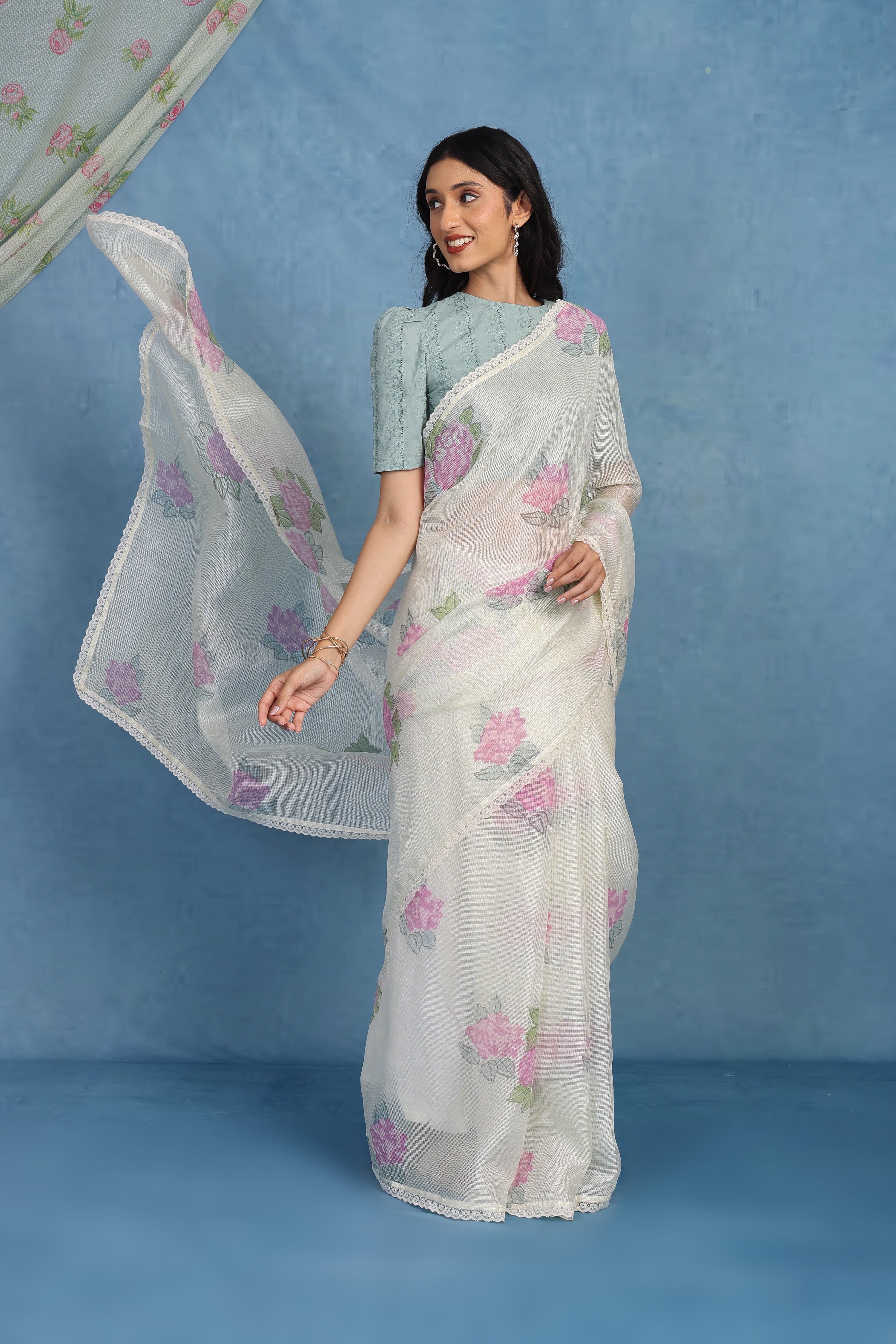 Ethereal Dreamy Hydrangea In Offwhite & Mint  Kota Saree