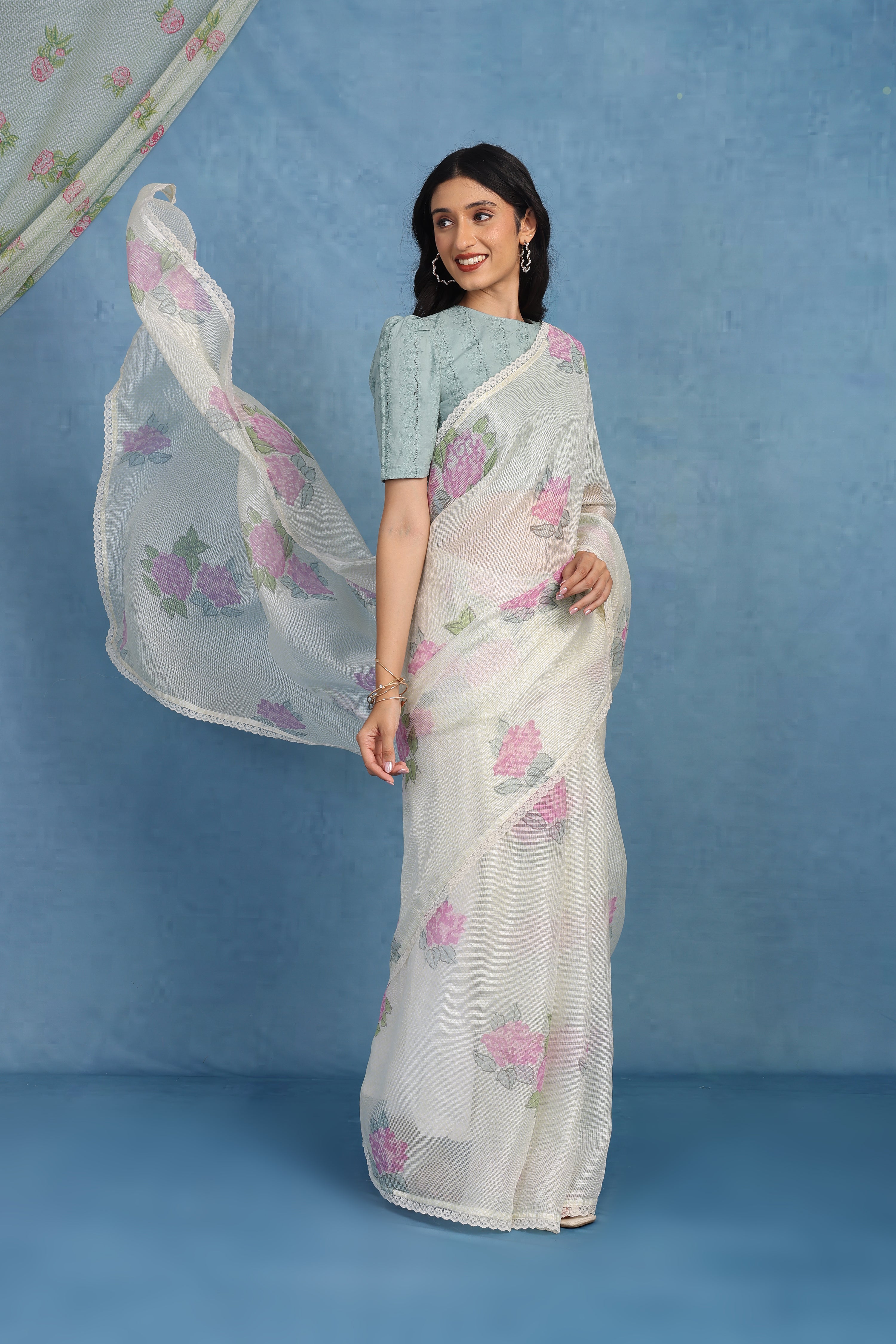 Ethereal Dreamy Hydrangea In Offwhite & Mint  Kota Saree