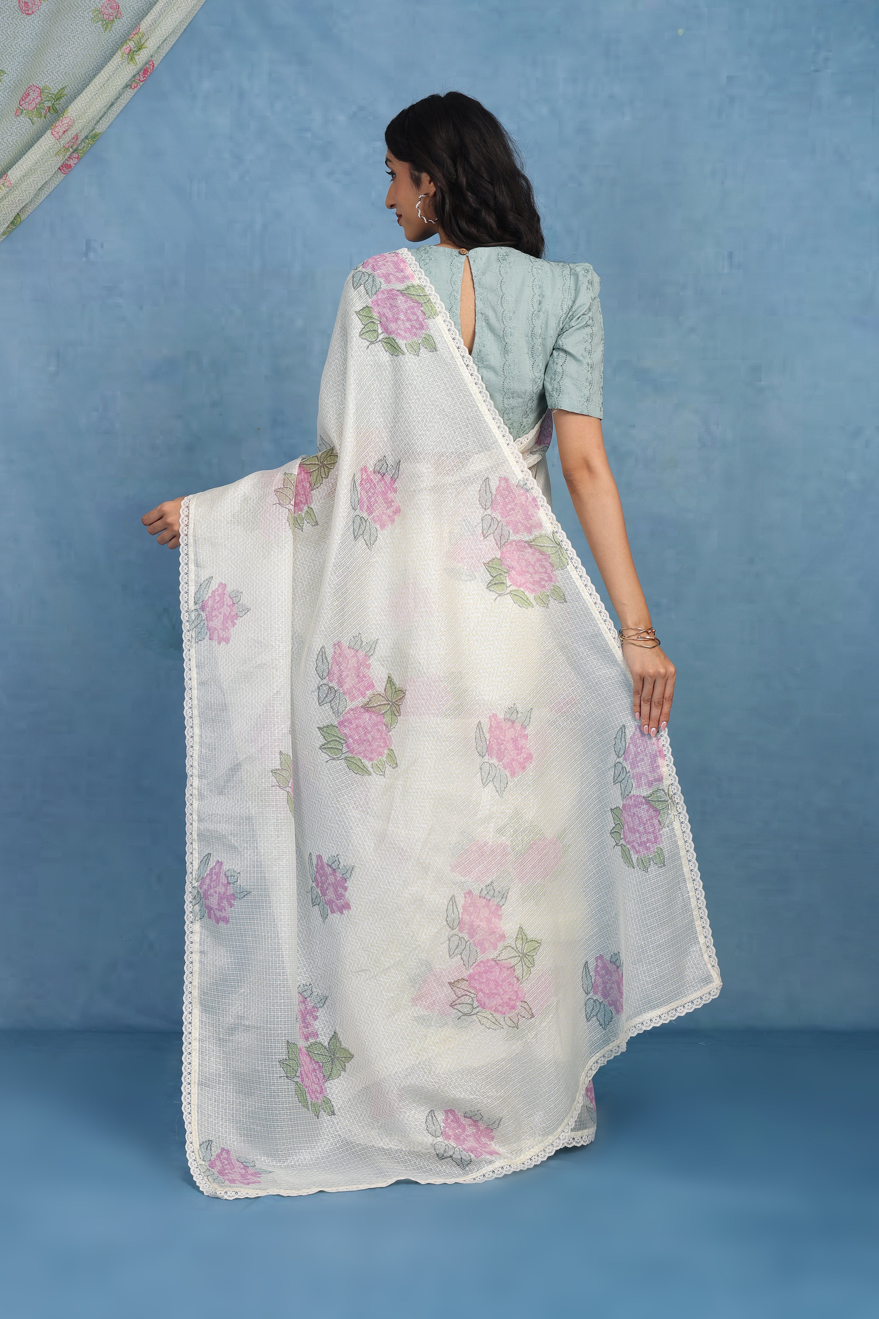 Ethereal Dreamy Hydrangea In Offwhite & Mint  Kota Saree