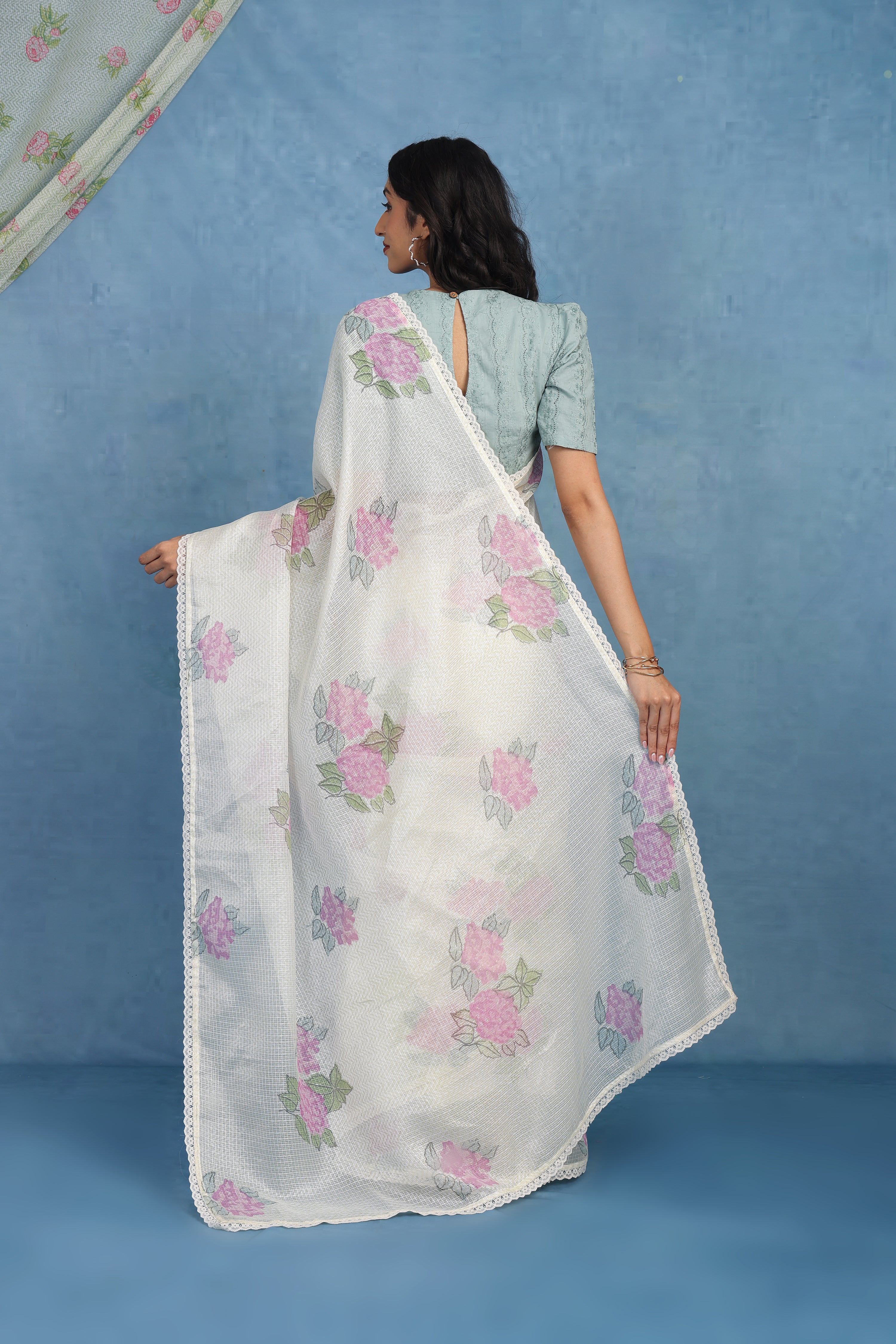 Ethereal Dreamy Hydrangea In Offwhite & Mint  Kota Saree