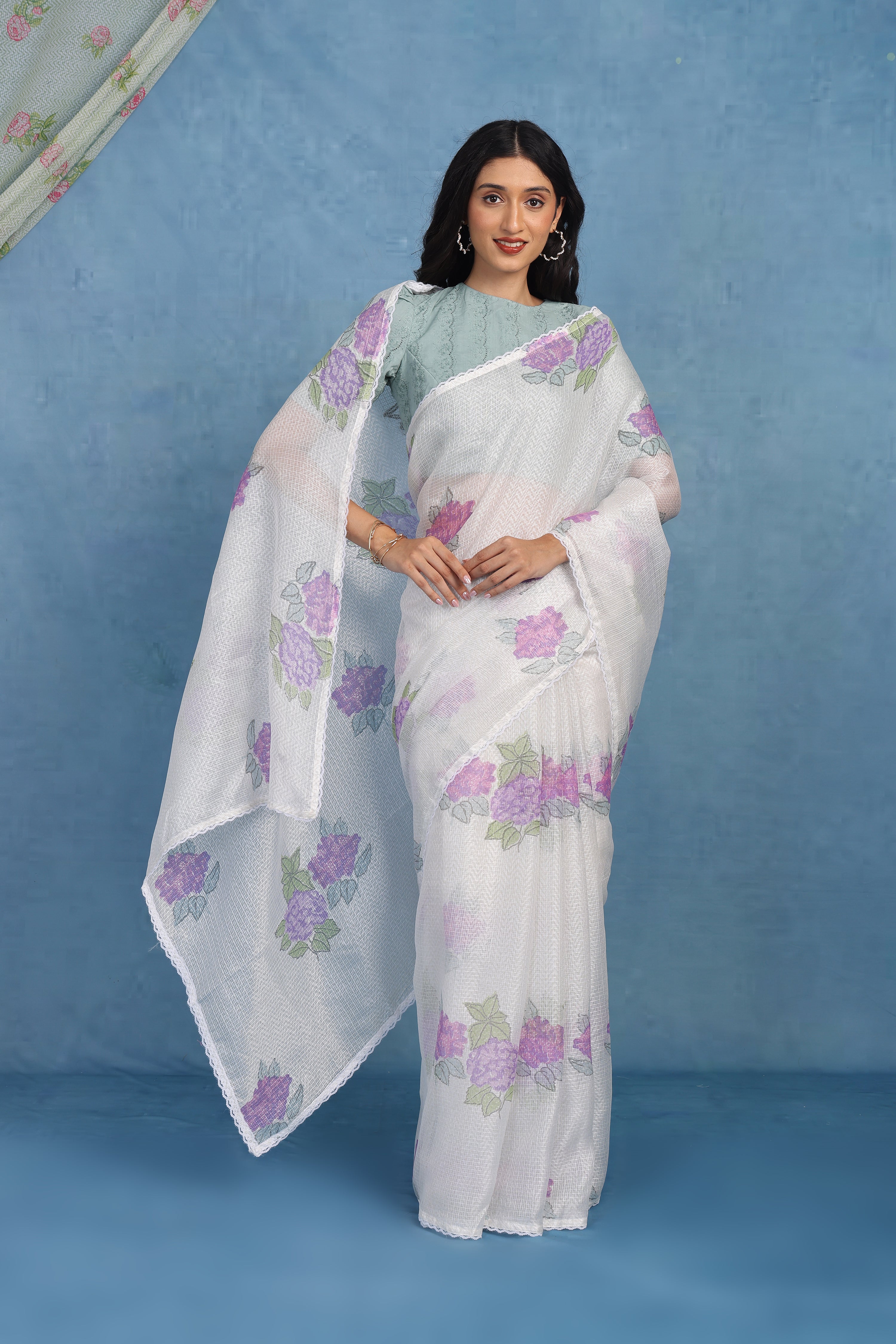 Ethereal Dreamy Hydrangea In Whie  & Dusky Blue Kota Saree