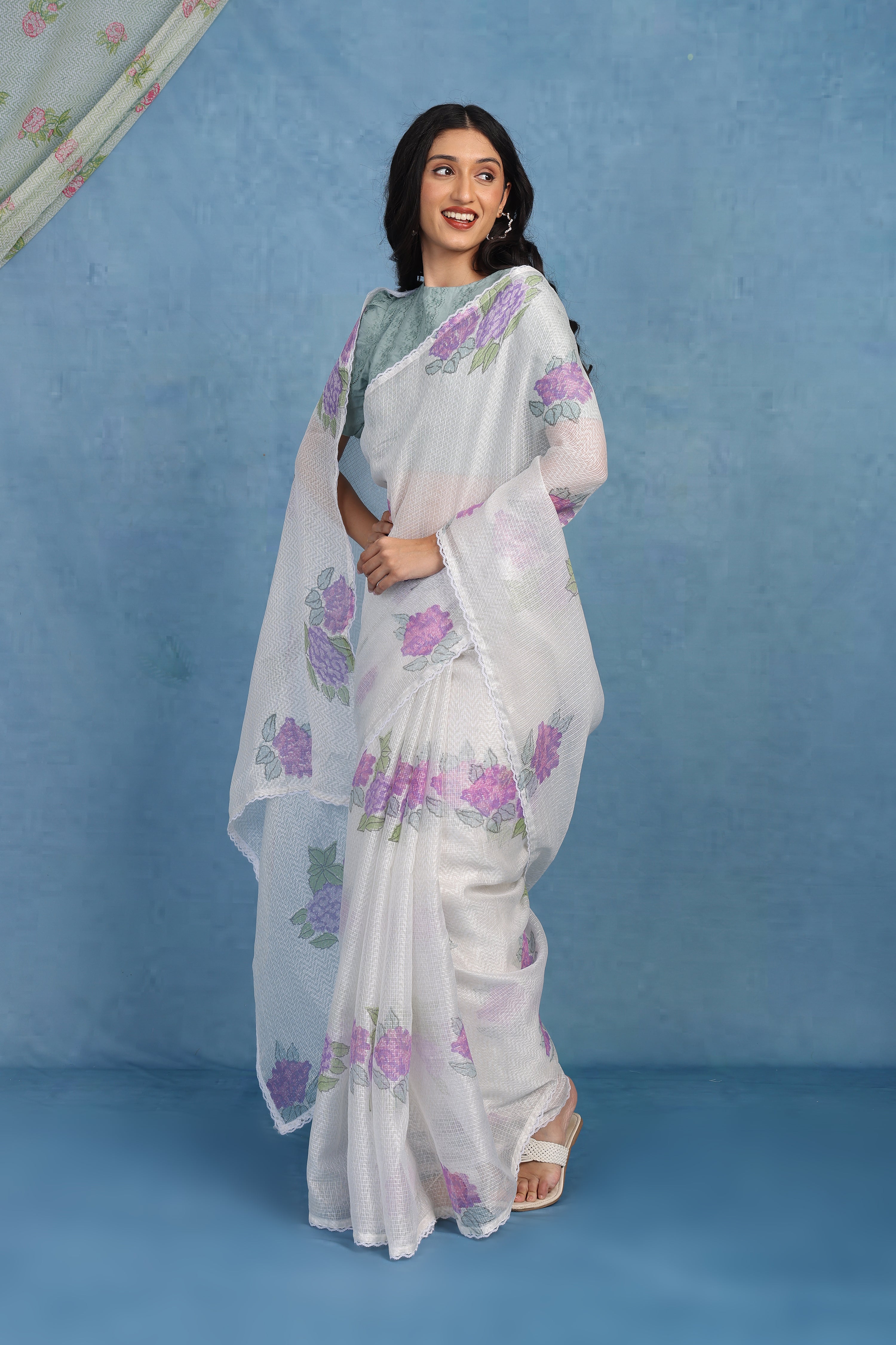 Ethereal Dreamy Hydrangea In Whie  & Dusky Blue Kota Saree