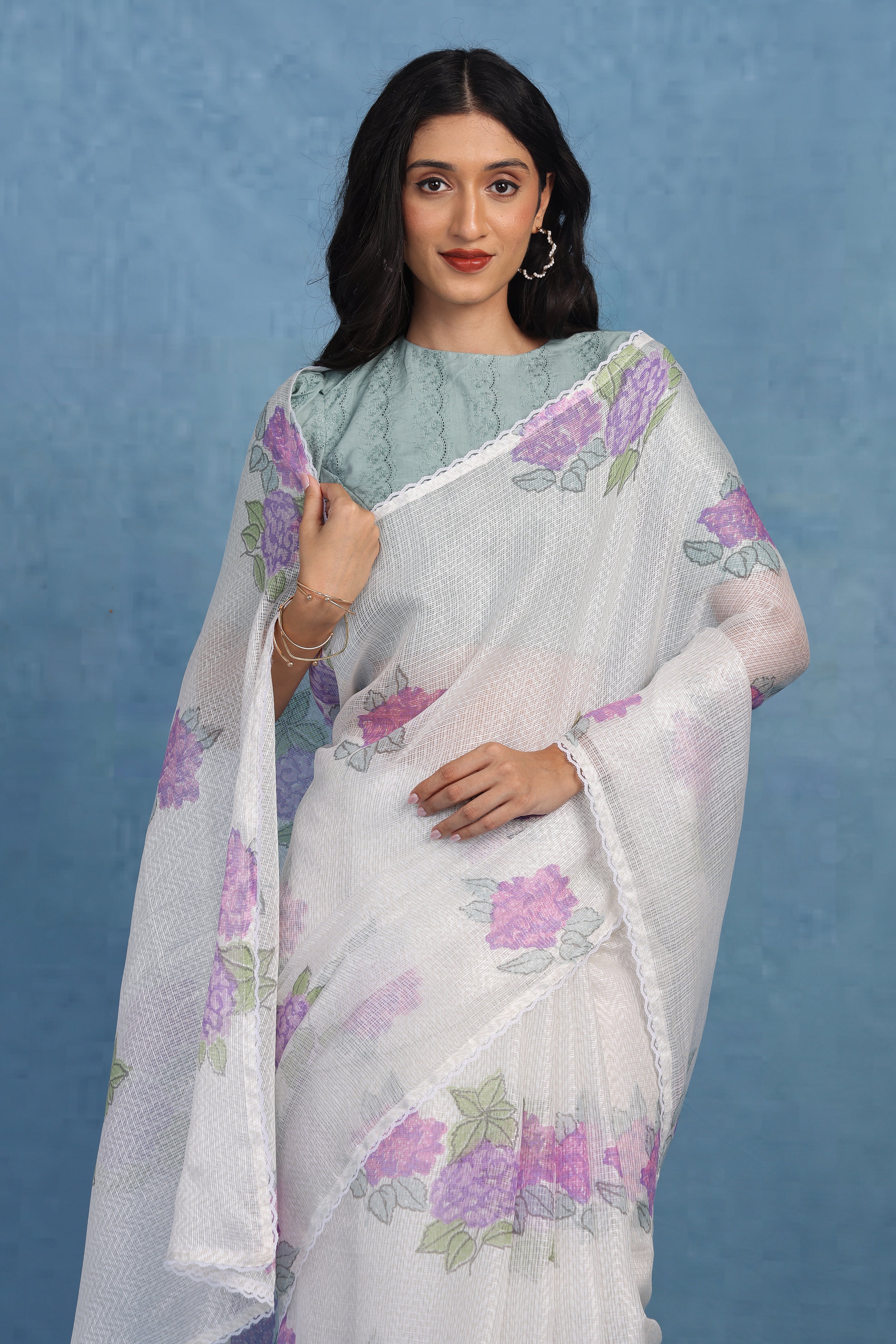 Ethereal Dreamy Hydrangea In Whie  & Dusky Blue Kota Saree