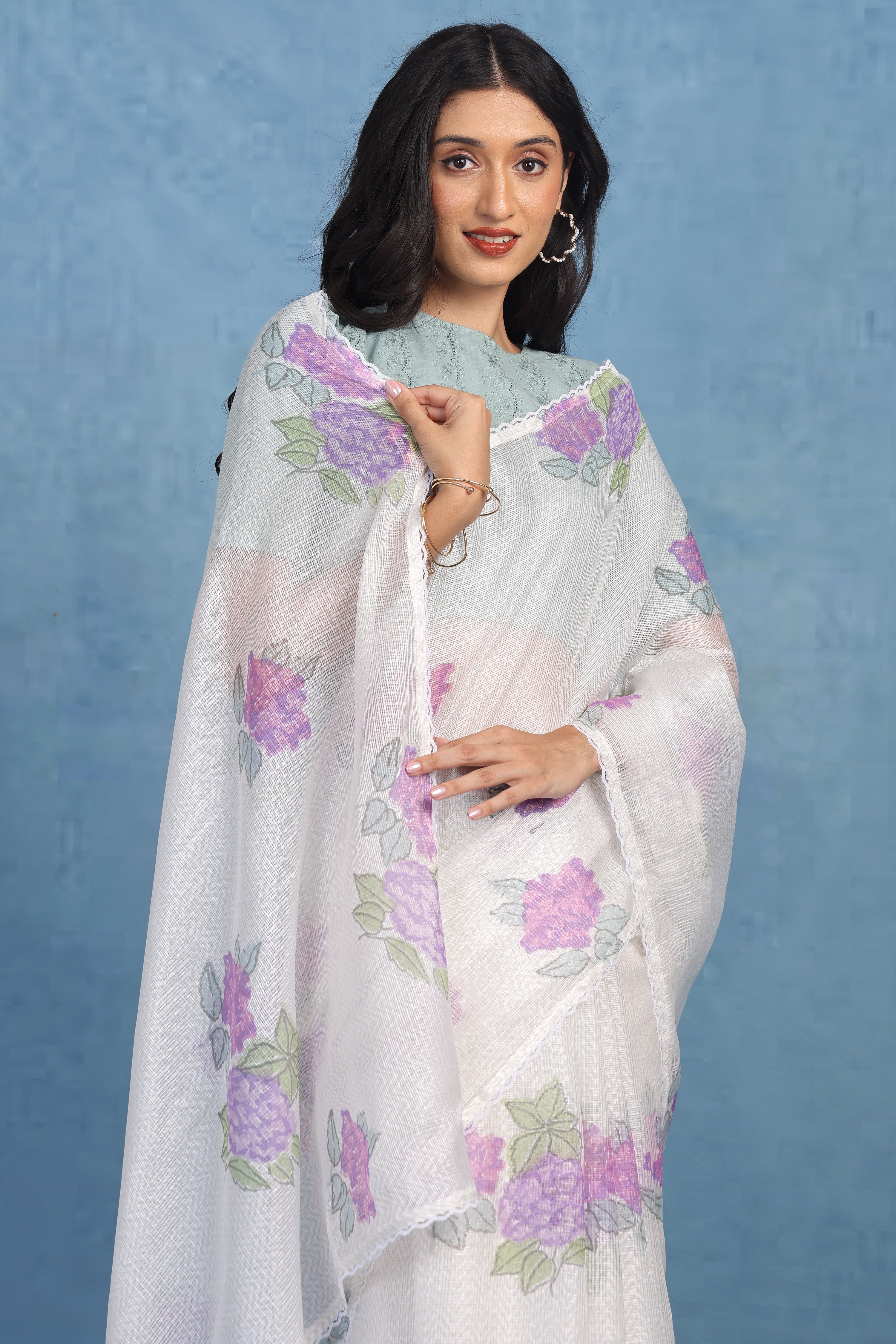Ethereal Dreamy Hydrangea In Whie  & Dusky Blue Kota Saree