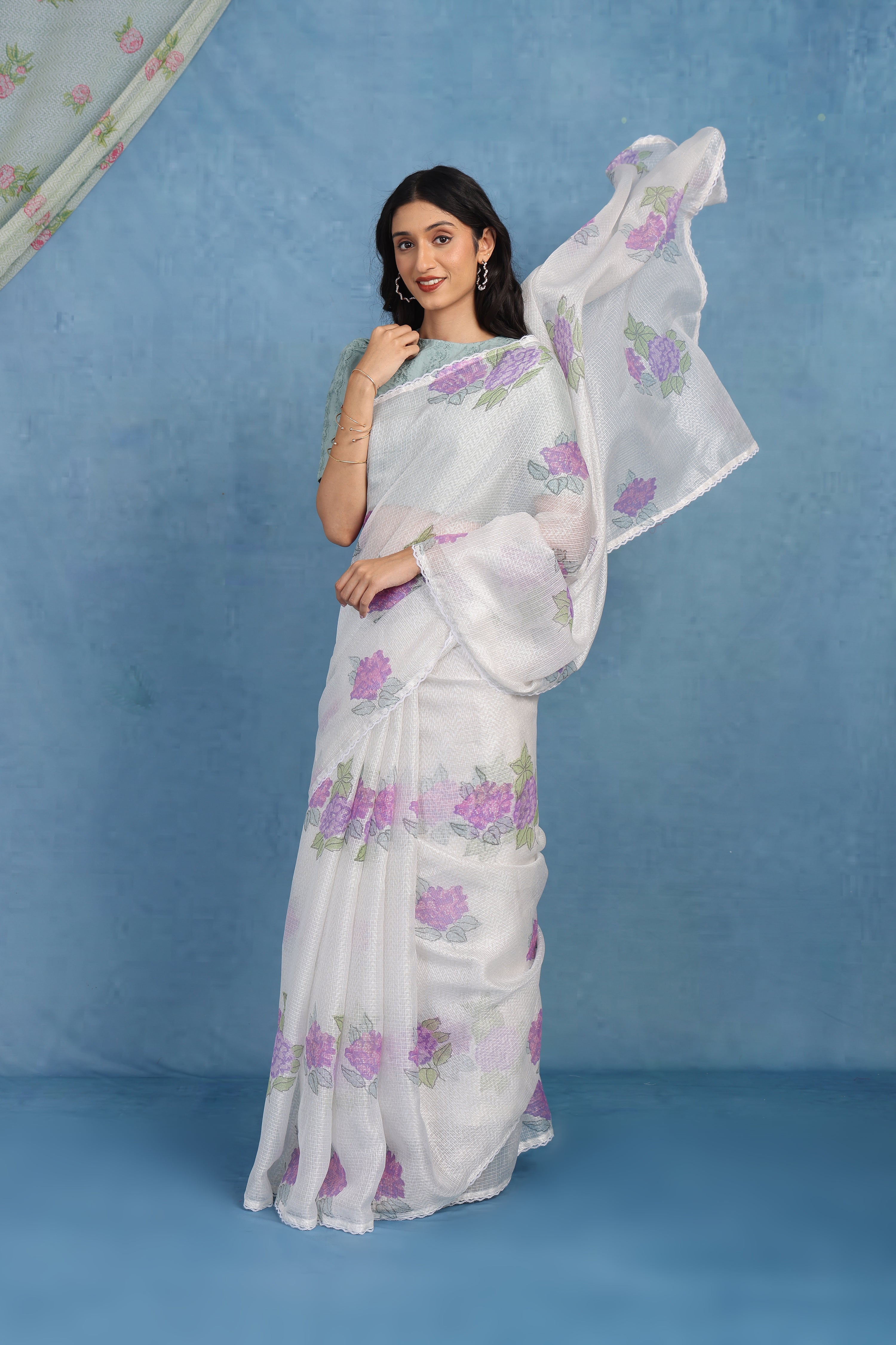 Ethereal Dreamy Hydrangea In Whie  & Dusky Blue Kota Saree