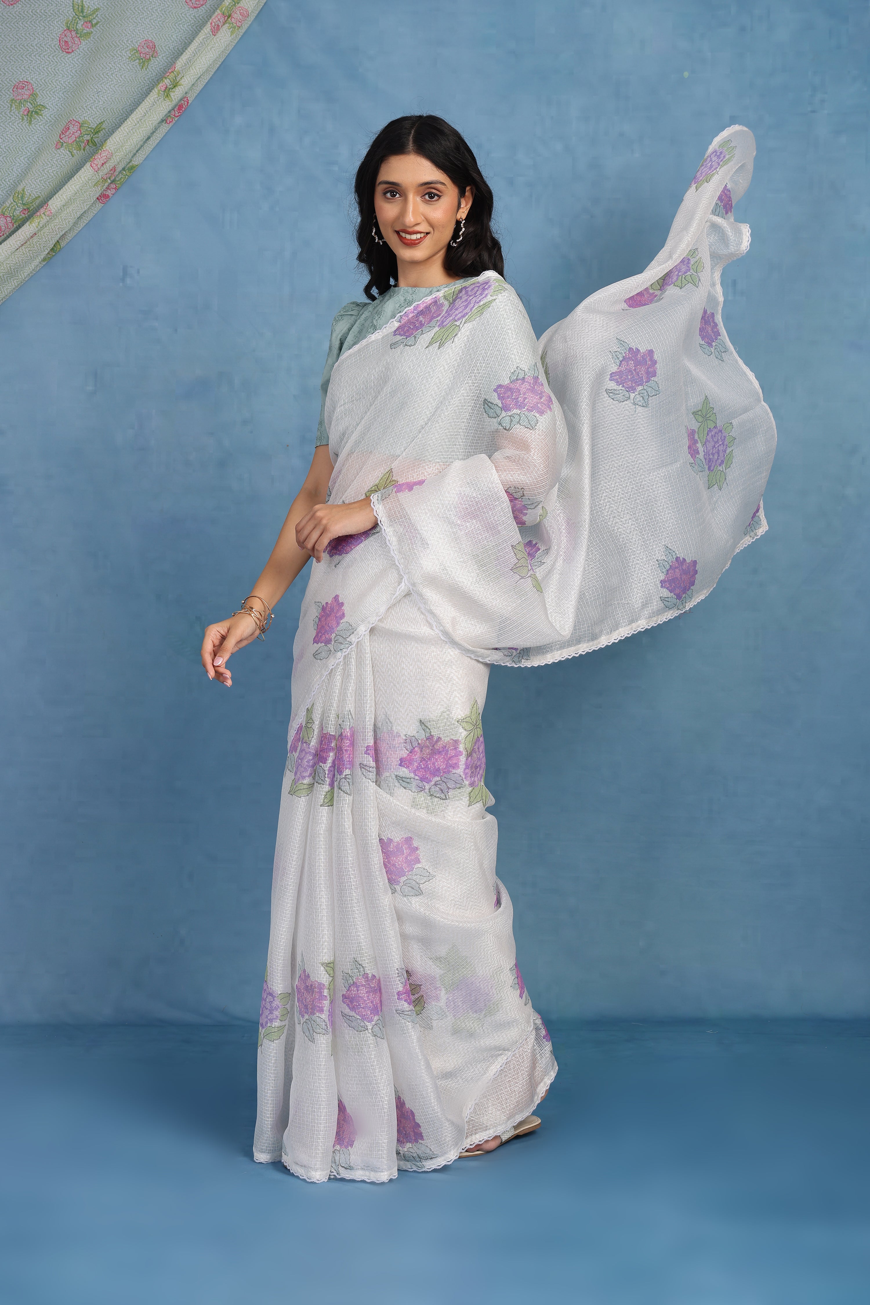 Ethereal Dreamy Hydrangea In Whie  & Dusky Blue Kota Saree