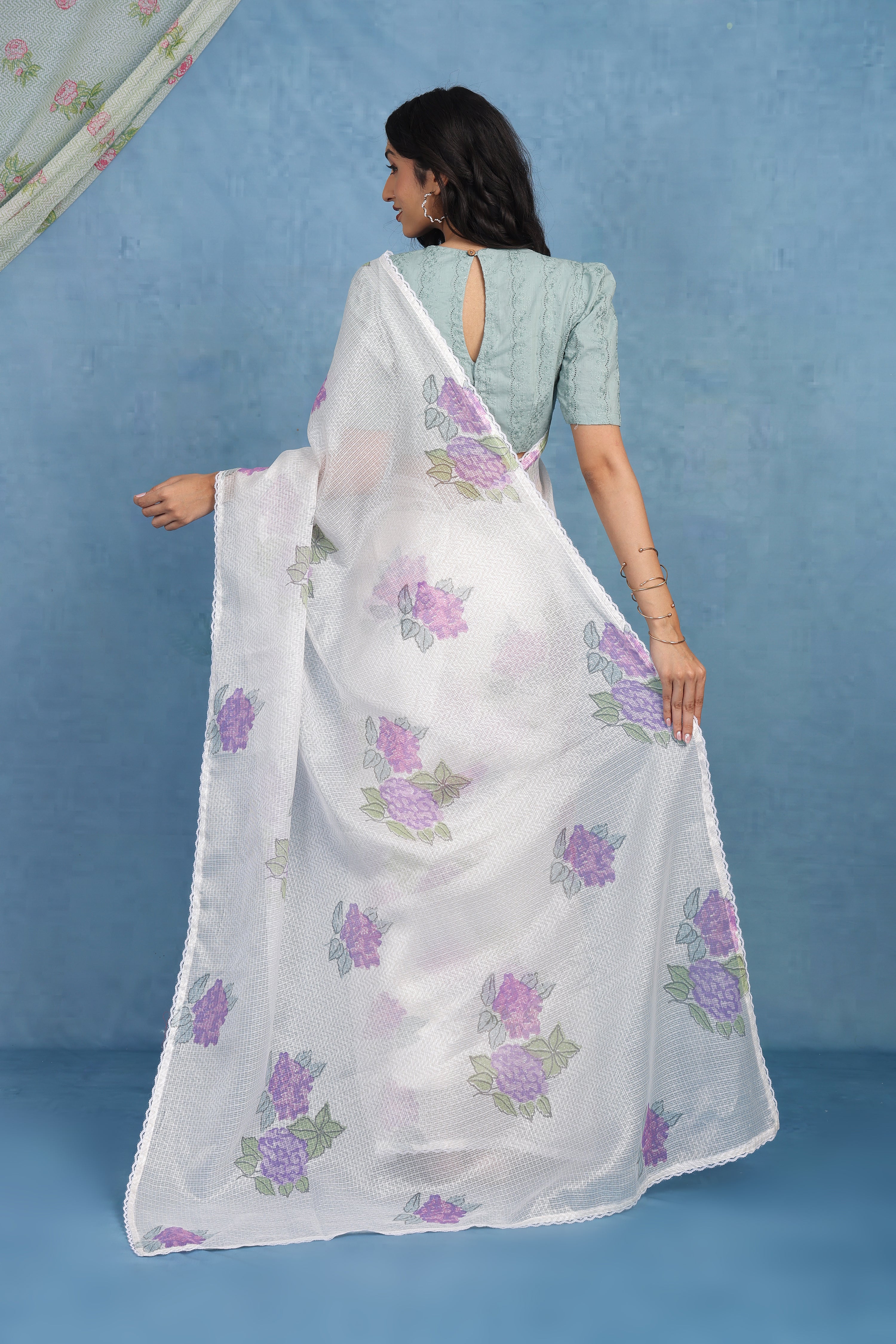 Ethereal Dreamy Hydrangea In Whie  & Dusky Blue Kota Saree