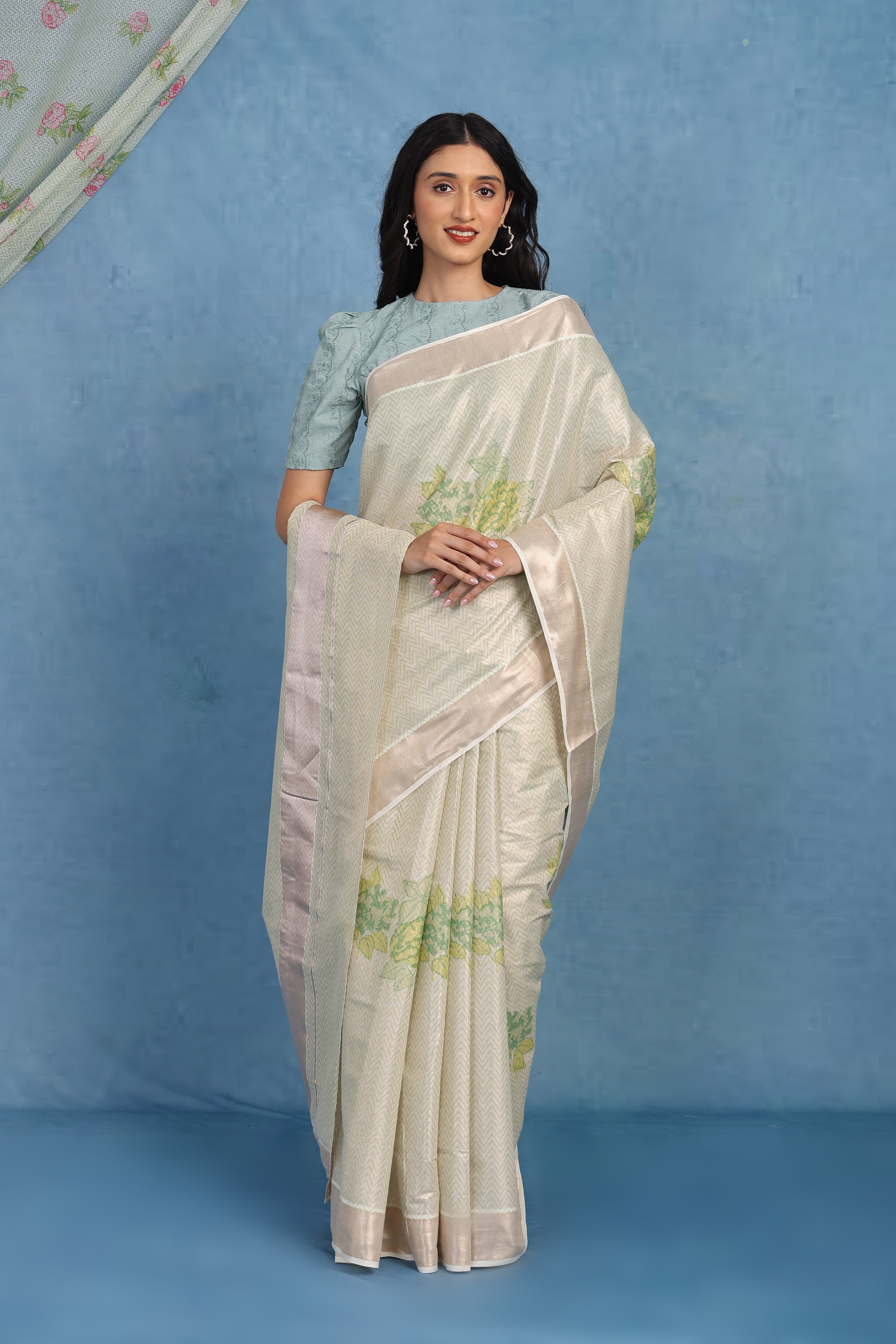Forest On Sand Beige And Sage  Cotton Silk Saree