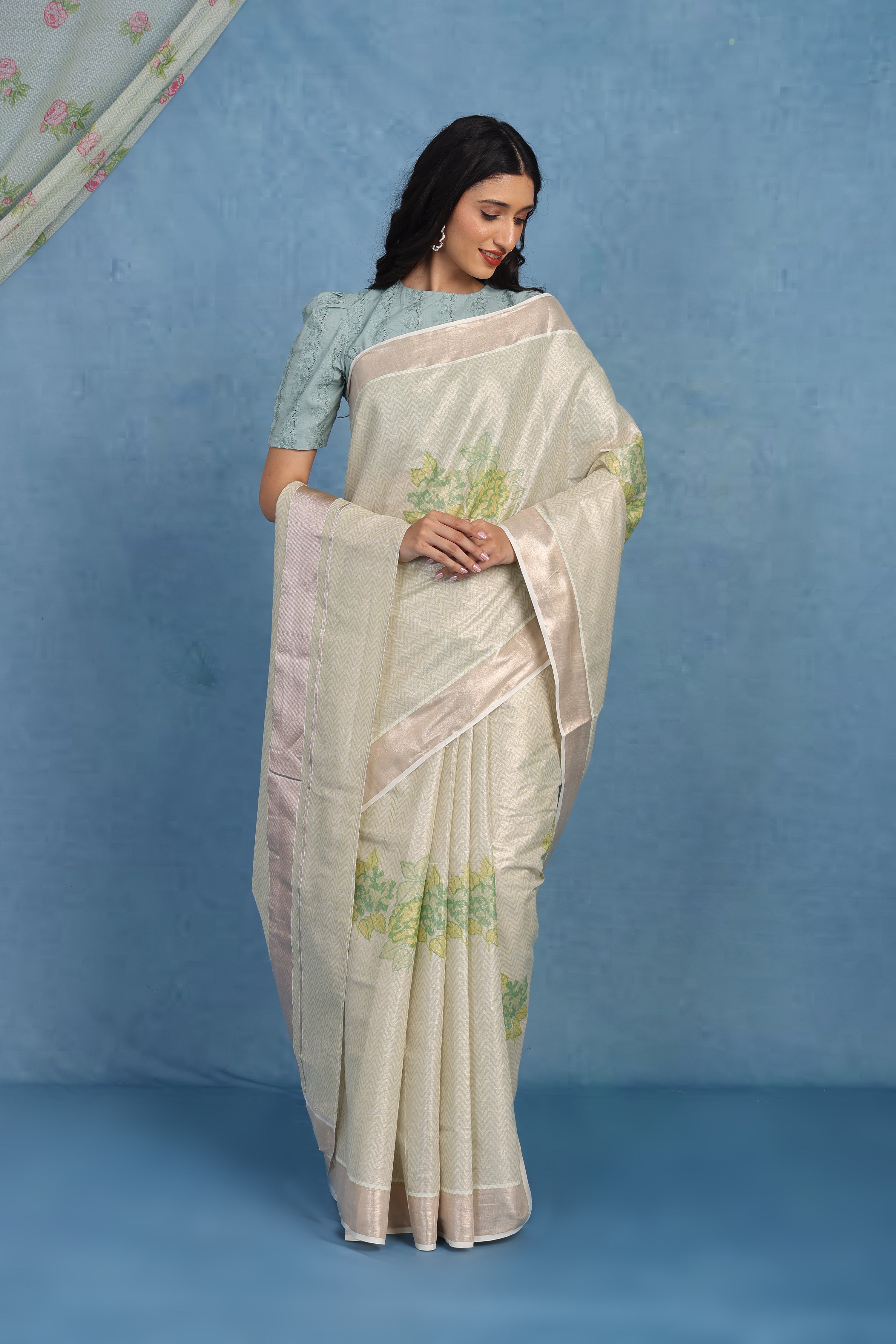 Forest On Sand Beige And Sage  Cotton Silk Saree