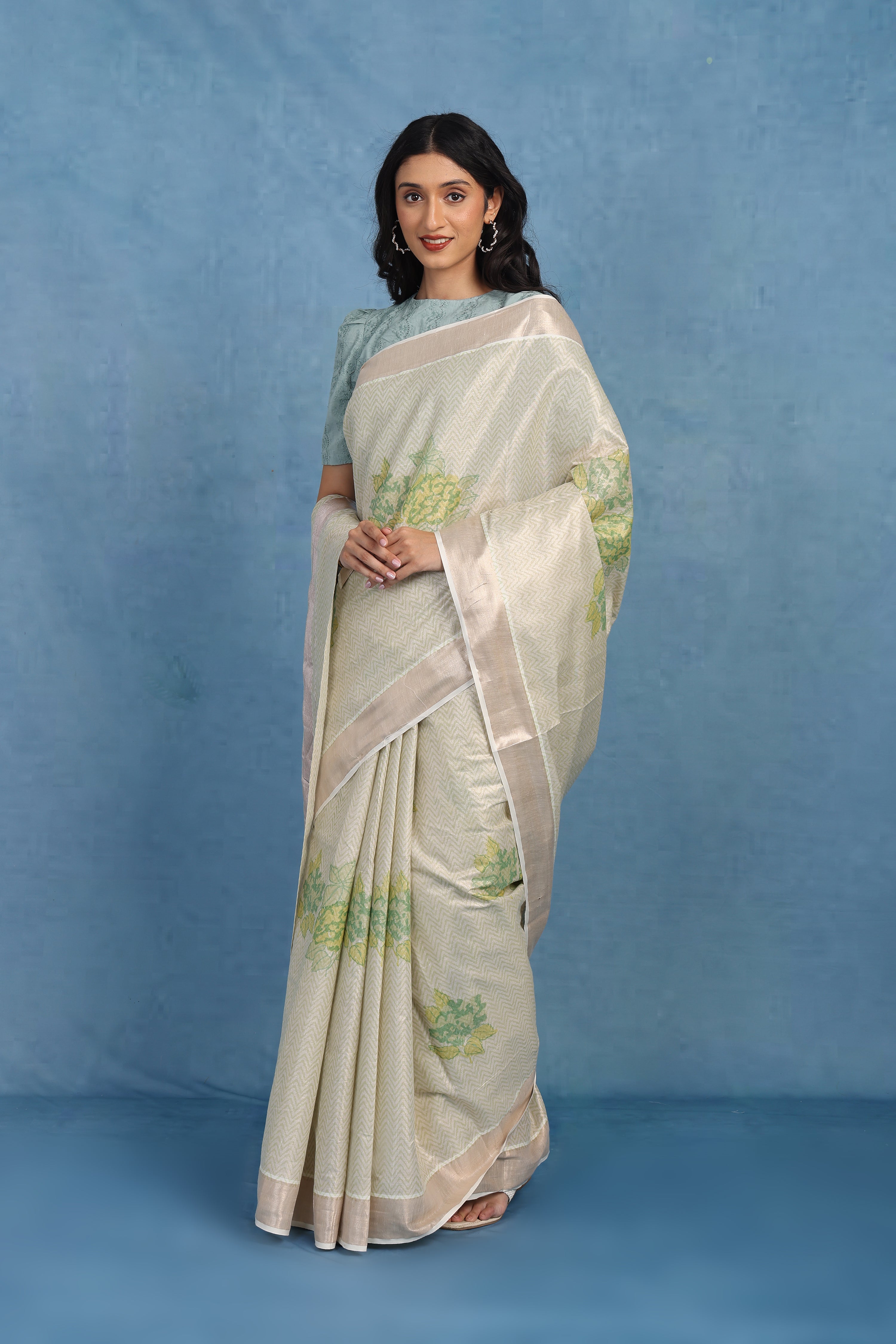 Forest On Sand Beige And Sage  Cotton Silk Saree