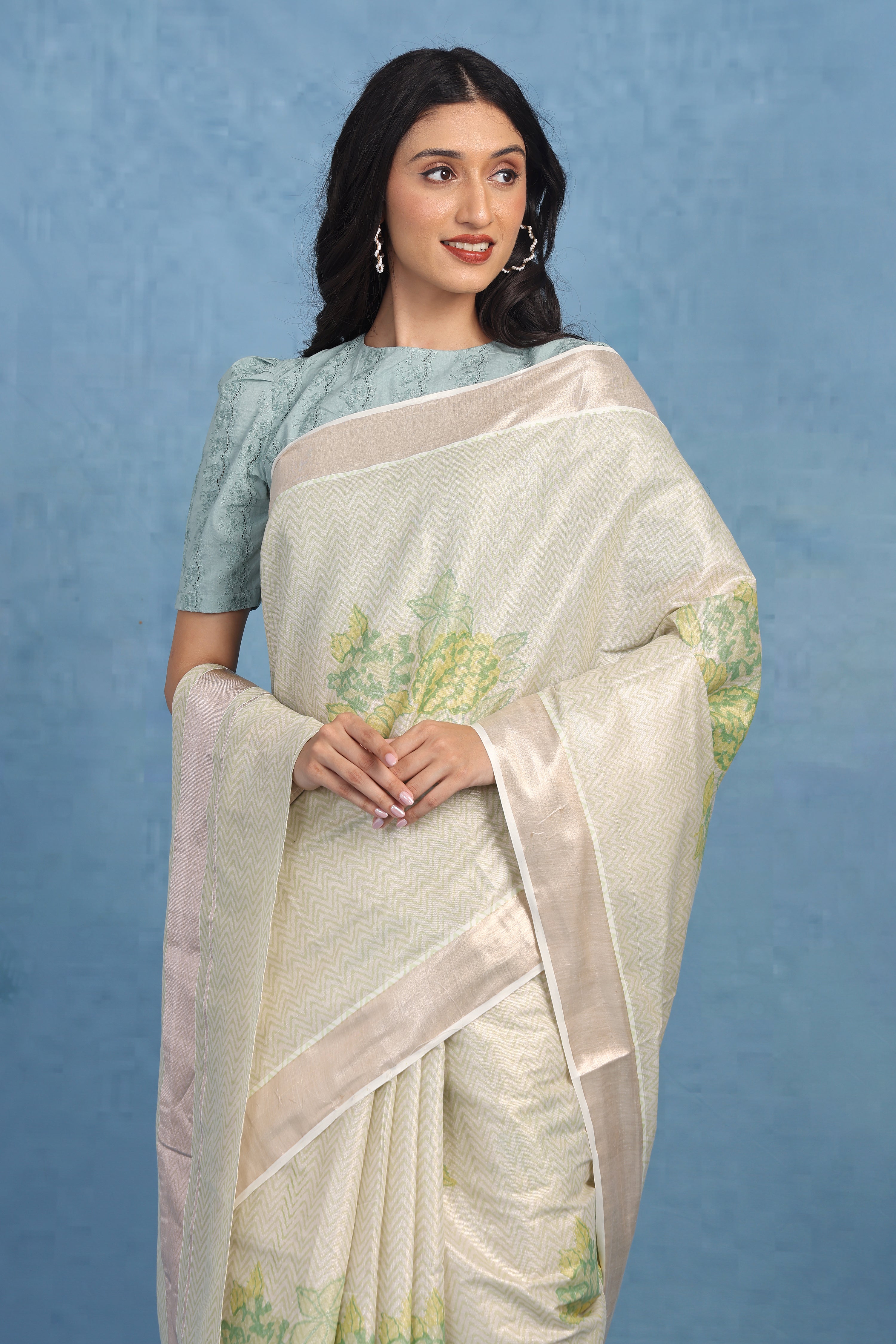 Forest On Sand Beige And Sage  Cotton Silk Saree