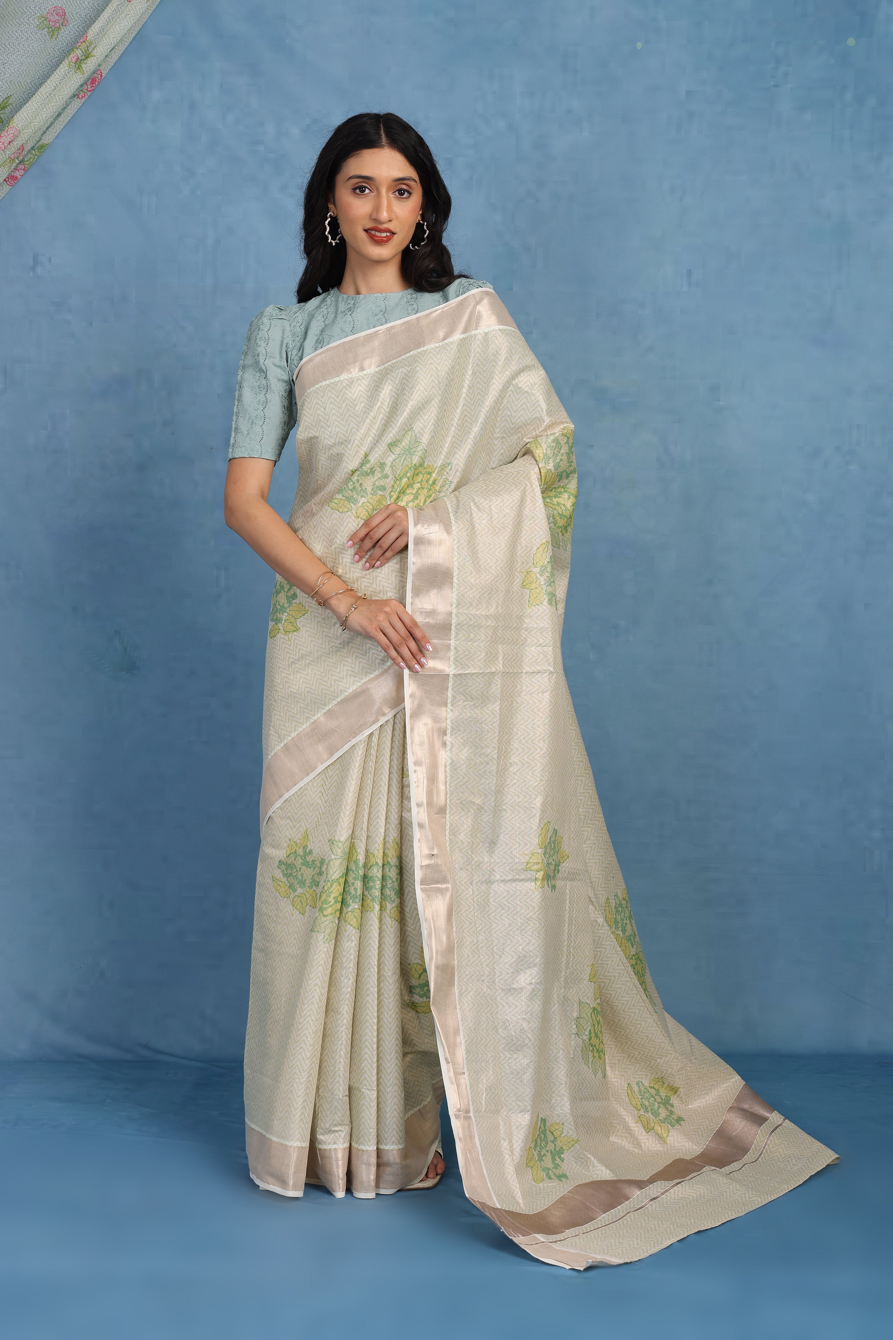 Forest On Sand Beige And Sage  Cotton Silk Saree