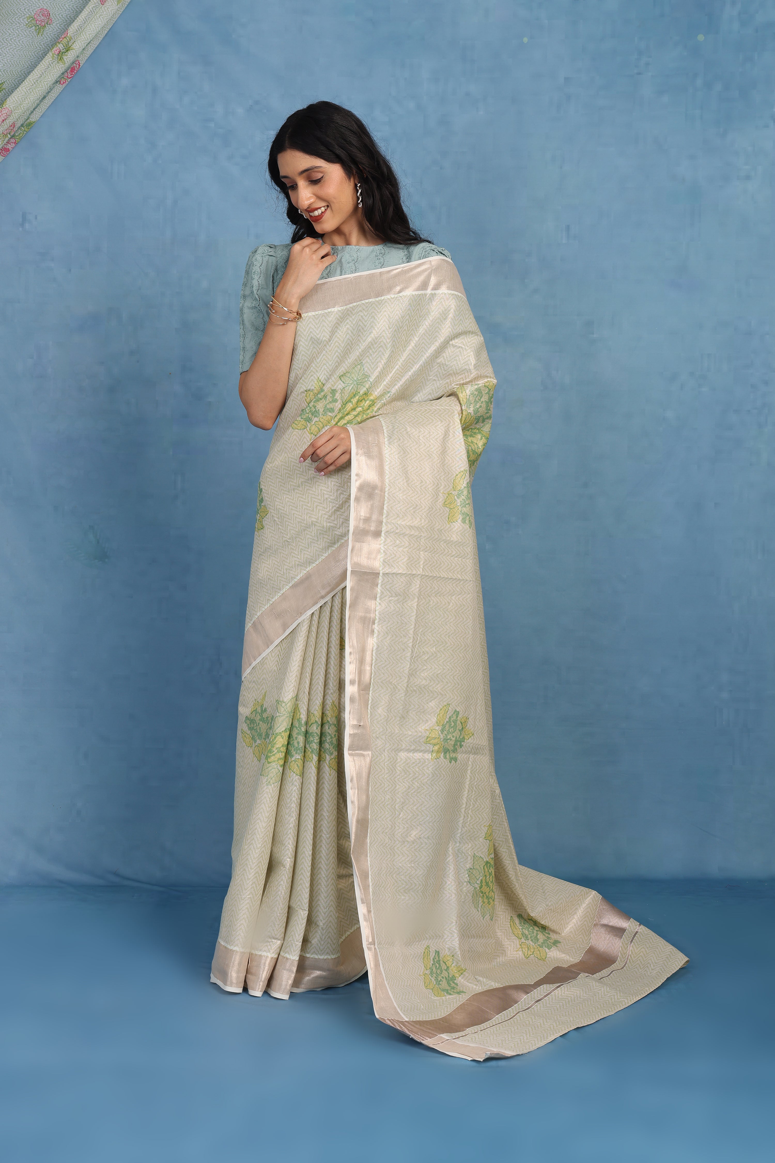 Forest On Sand Beige And Sage  Cotton Silk Saree