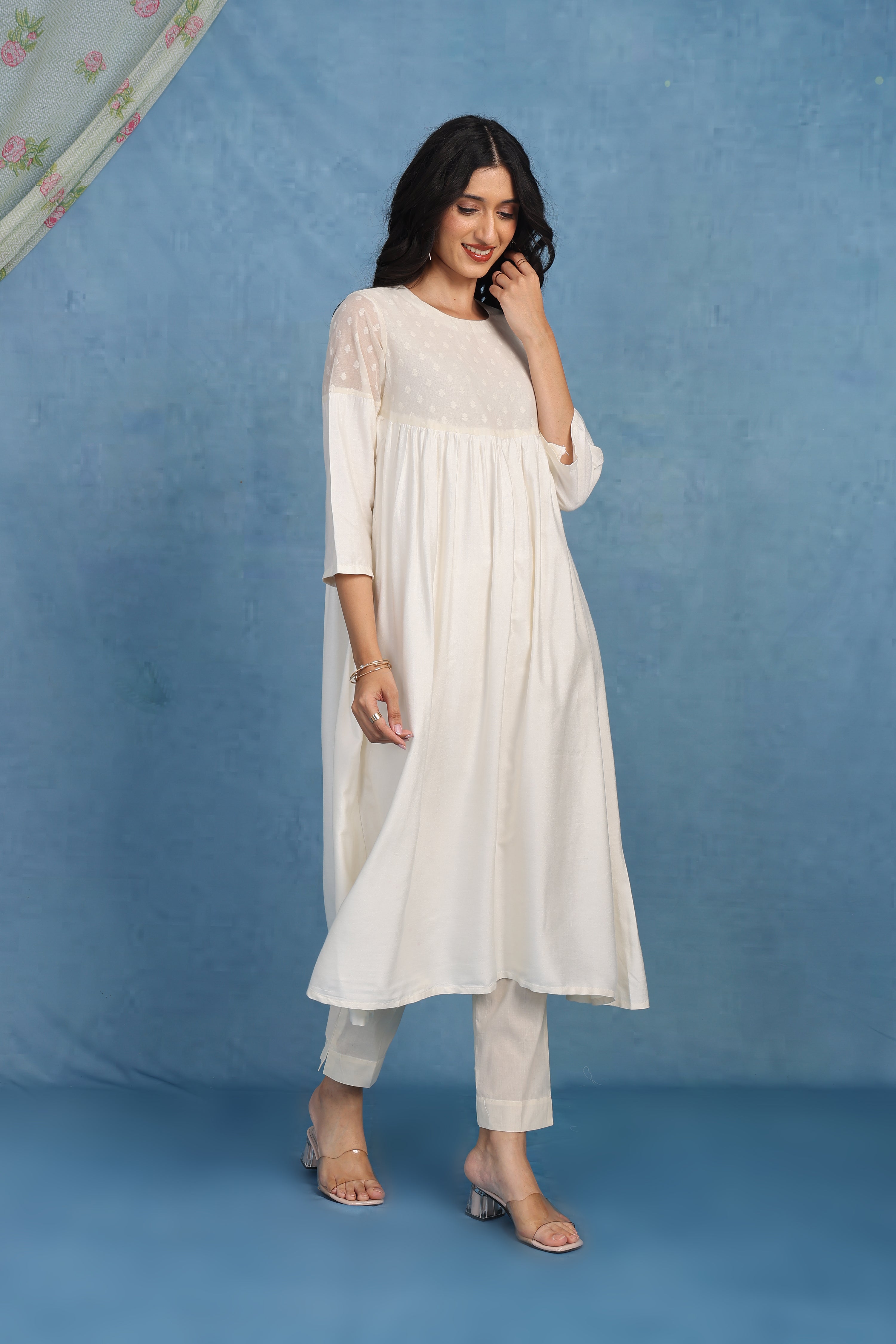 Ivory Jacquard Luxe Silk Set - Top And Bottom