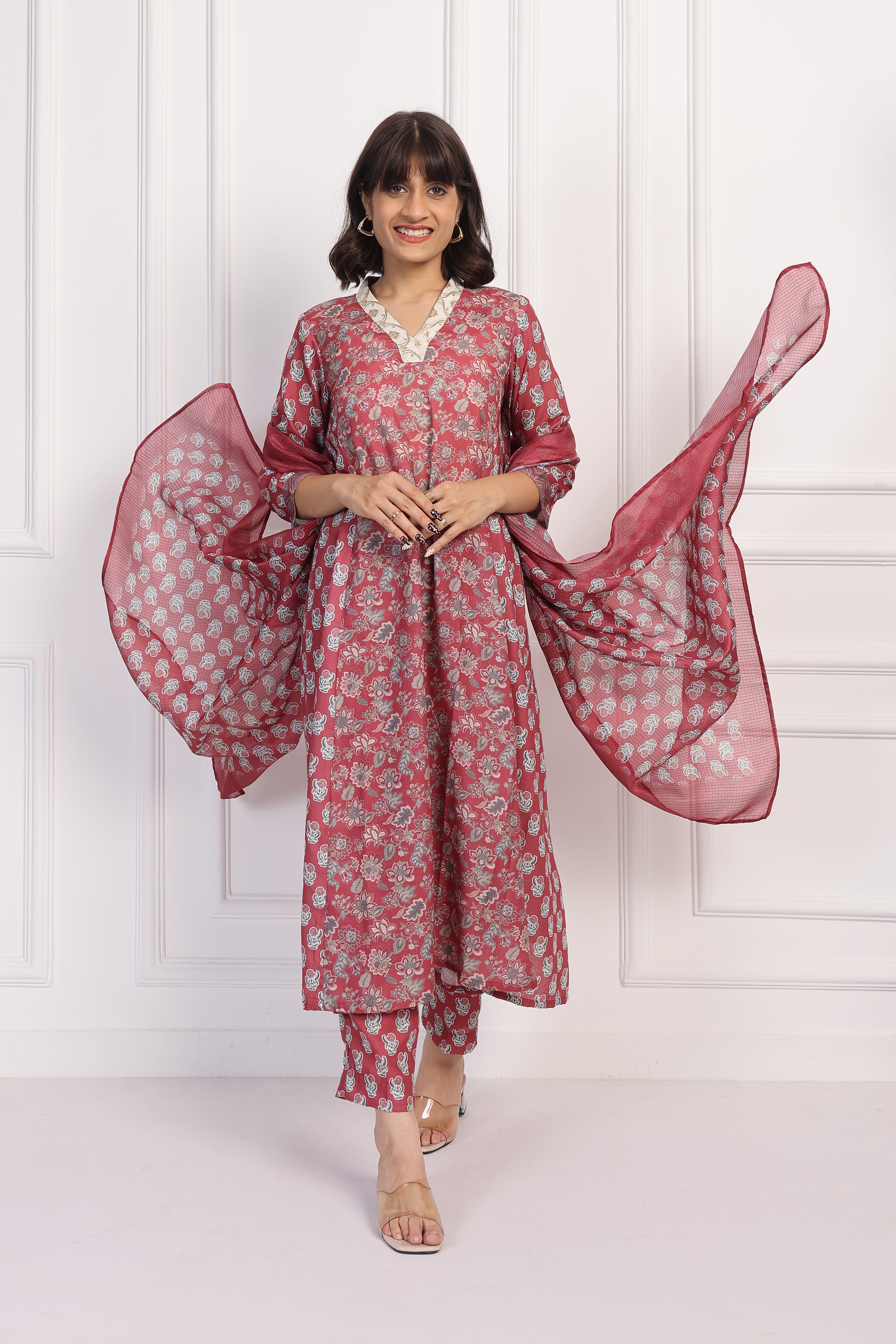 English Rose – Maroon Chintz Co-ord Set - Top And Bottom