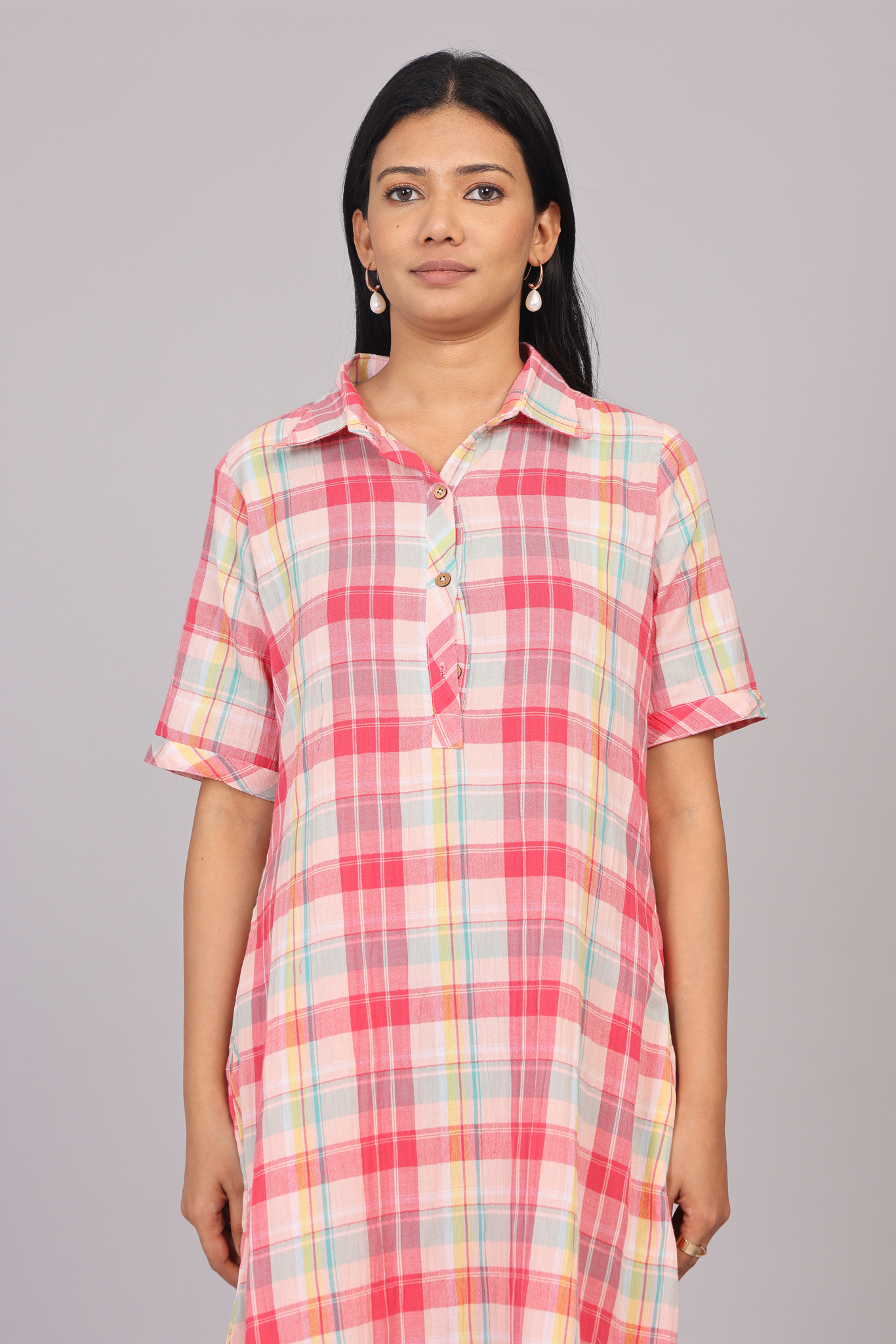 Wander Edit - Multicolored Cotton Checkered Collar Short Dress