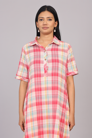 Wander Edit - Multicolored Cotton Chekered Collar Short Dress