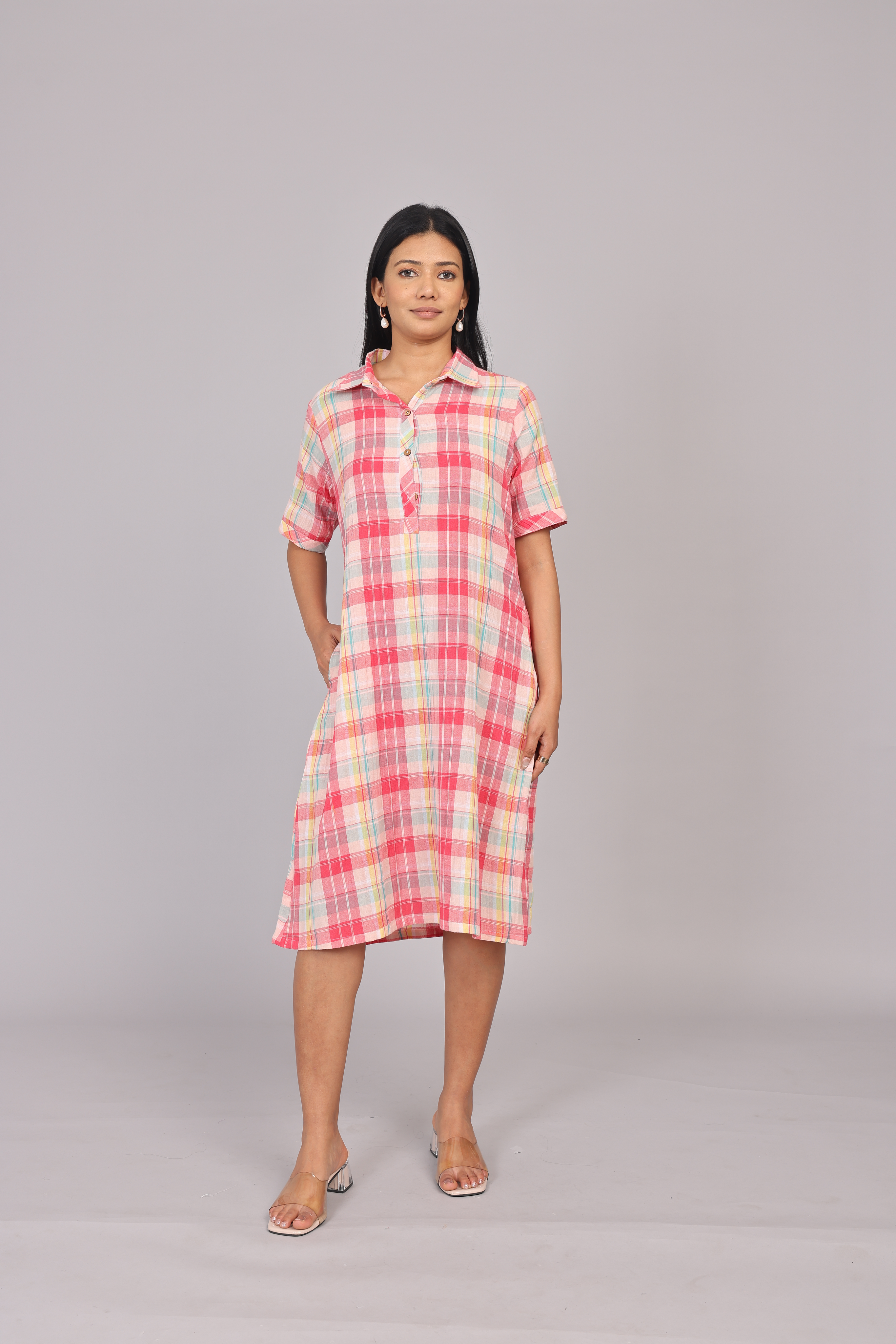 Wander Edit - Multicolored Cotton Checkered Collar Short Dress