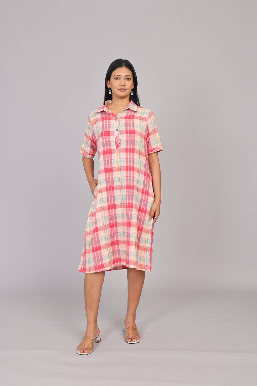 Wander Edit - Multicolored Cotton Chekered Collar Short Dress