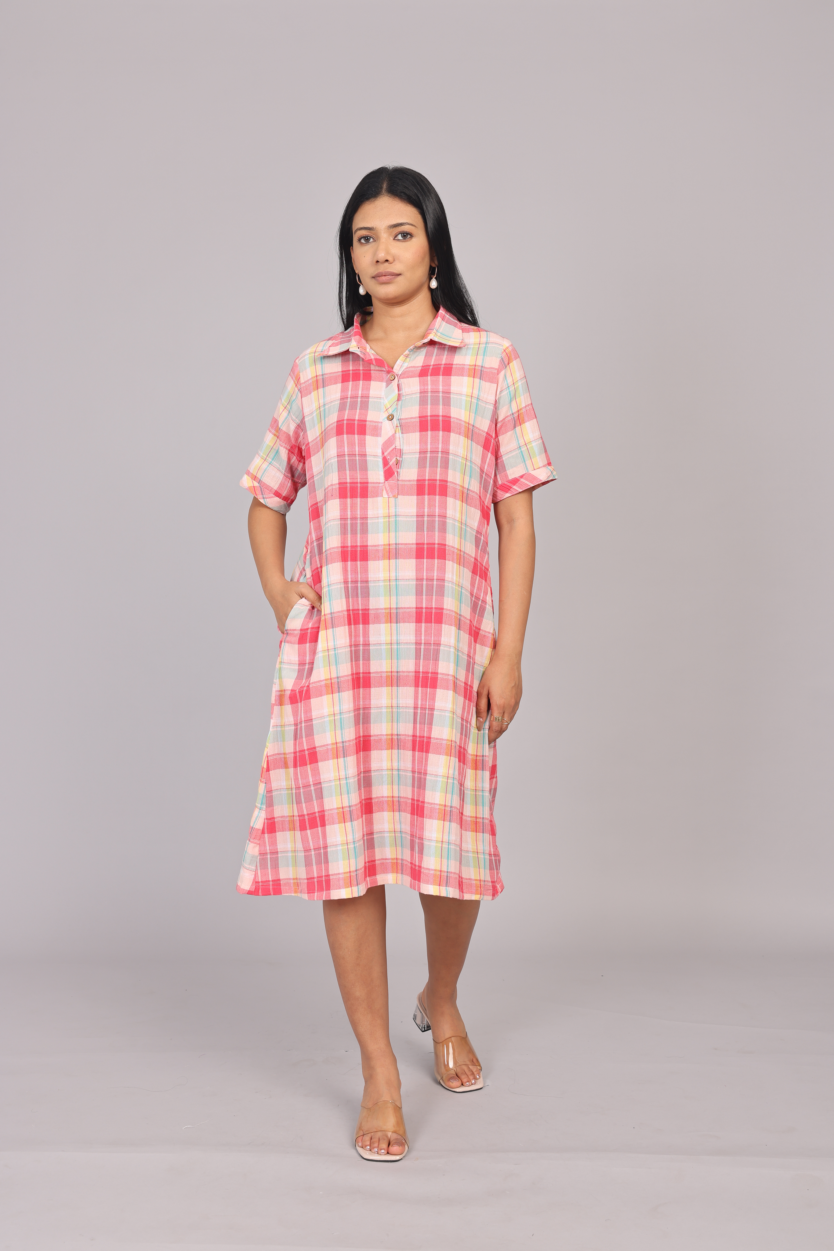 Wander Edit - Multicolored Cotton Checkered Collar Short Dress