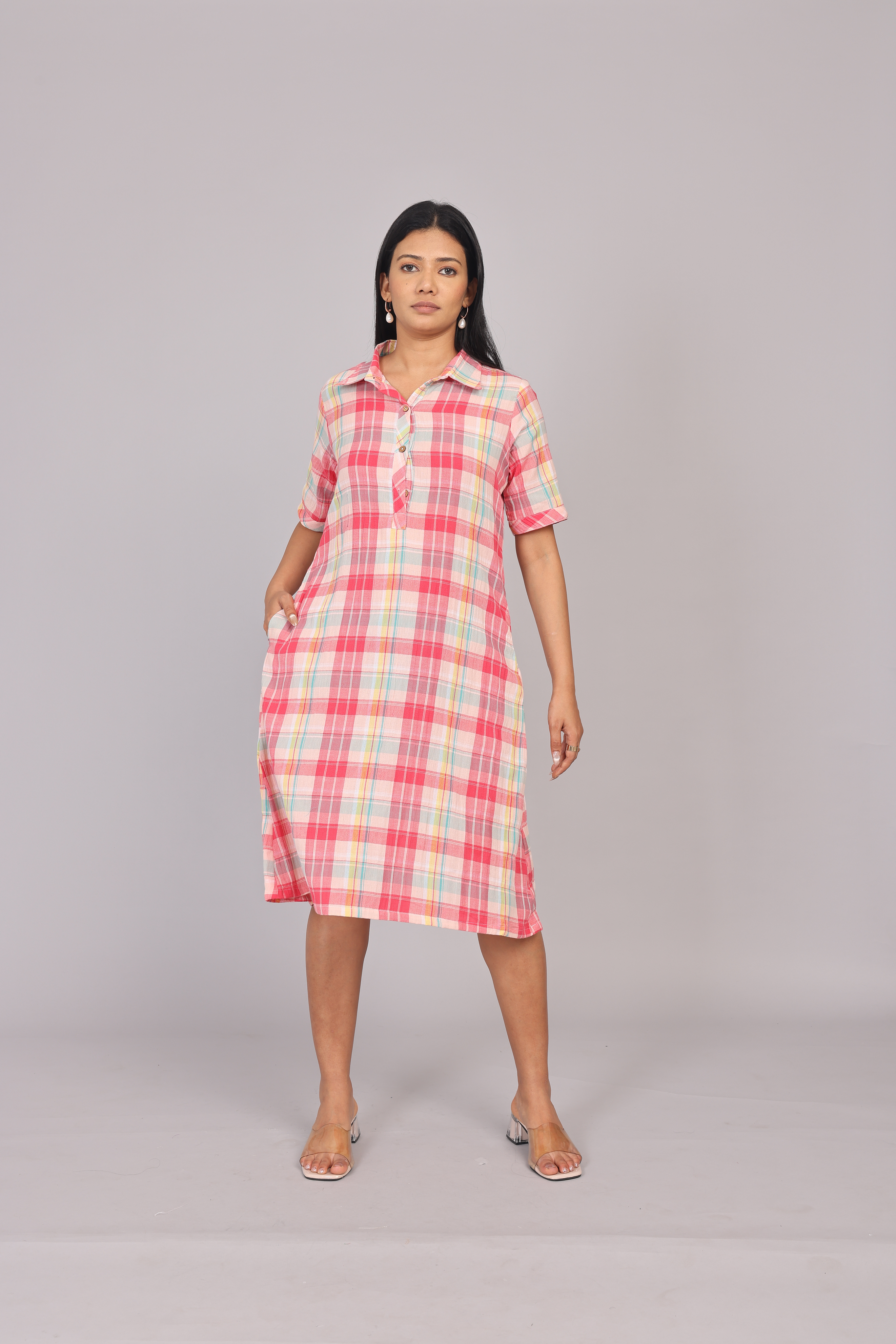 Wander Edit - Multicolored Cotton Checkered Collar Short Dress