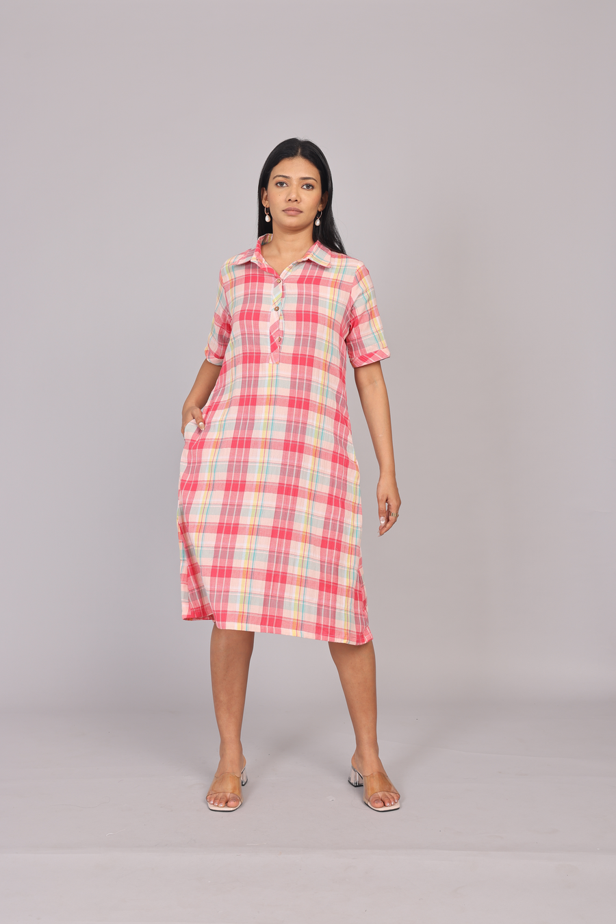 Wander Edit - Multicolored Cotton Chekered Collar Short Dress