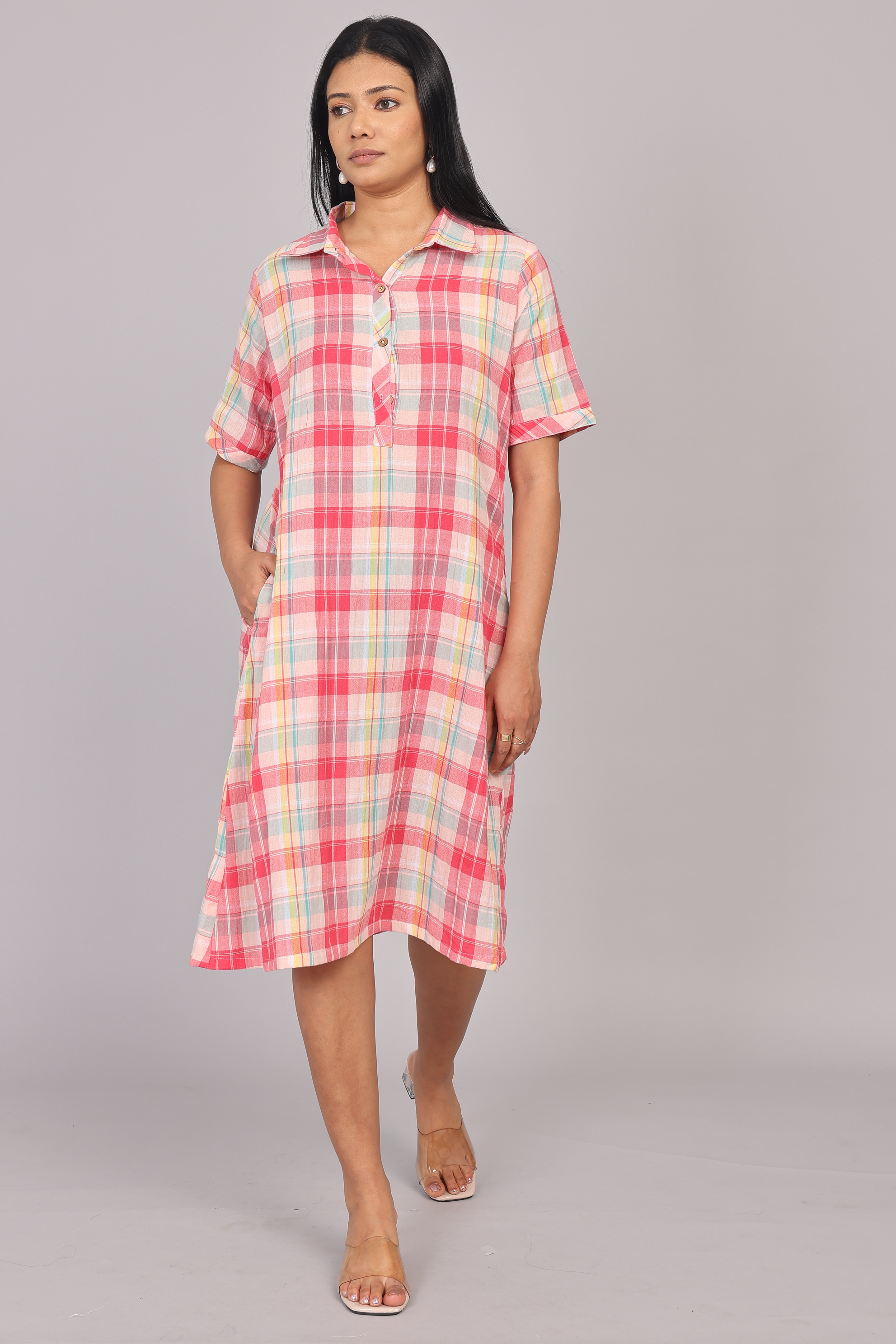Wander Edit - Multicolored Cotton Checkered Collar Short Dress - Tina Eapen Design studio