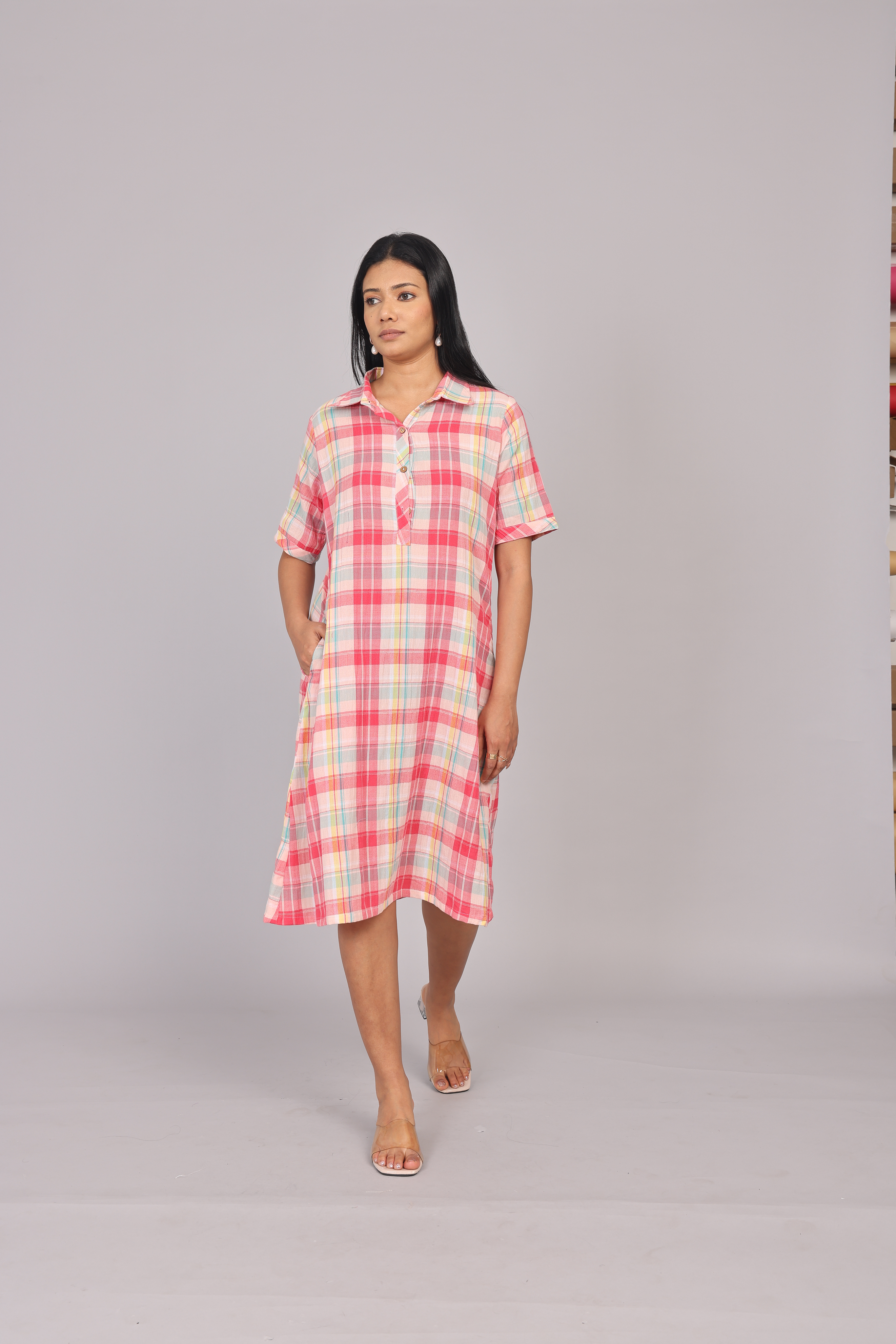 Wander Edit - Multicolored Cotton Checkered Collar Short Dress