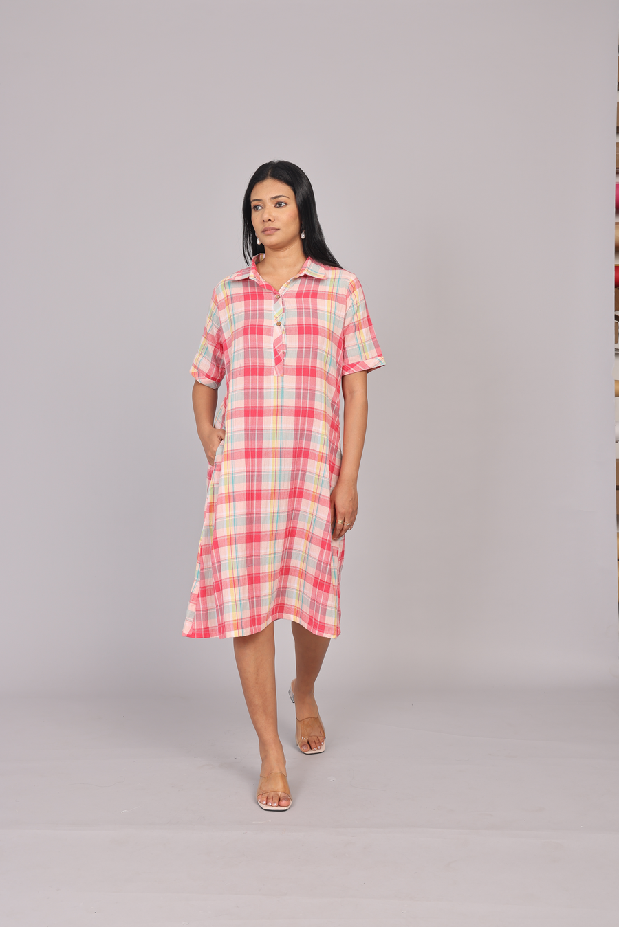 Wander Edit - Multicolored Cotton Chekered Collar Short Dress